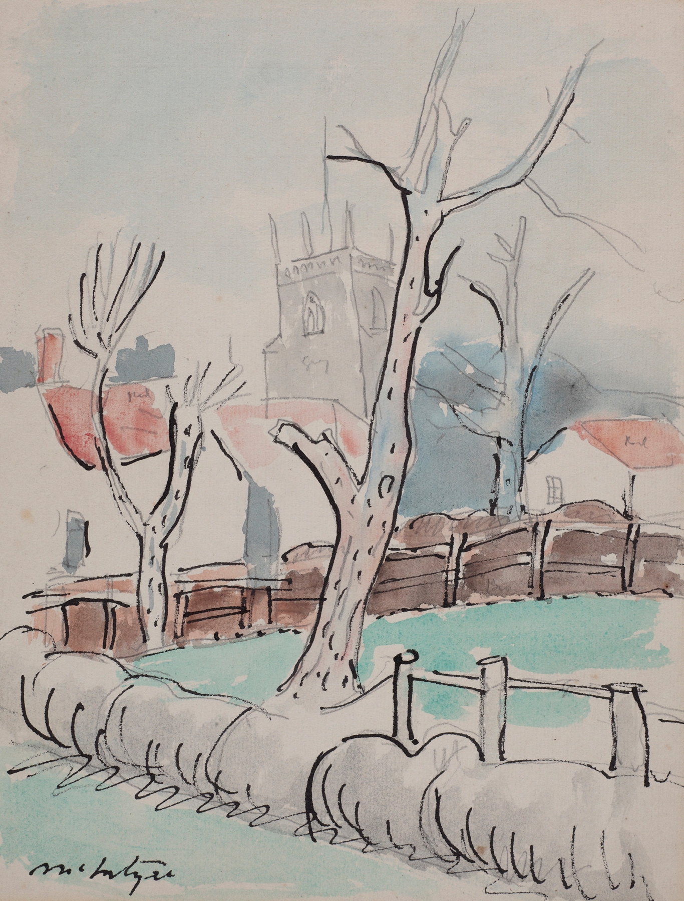 Landscape with trees and a church tower by Raymond McIntyre, medium unknown.