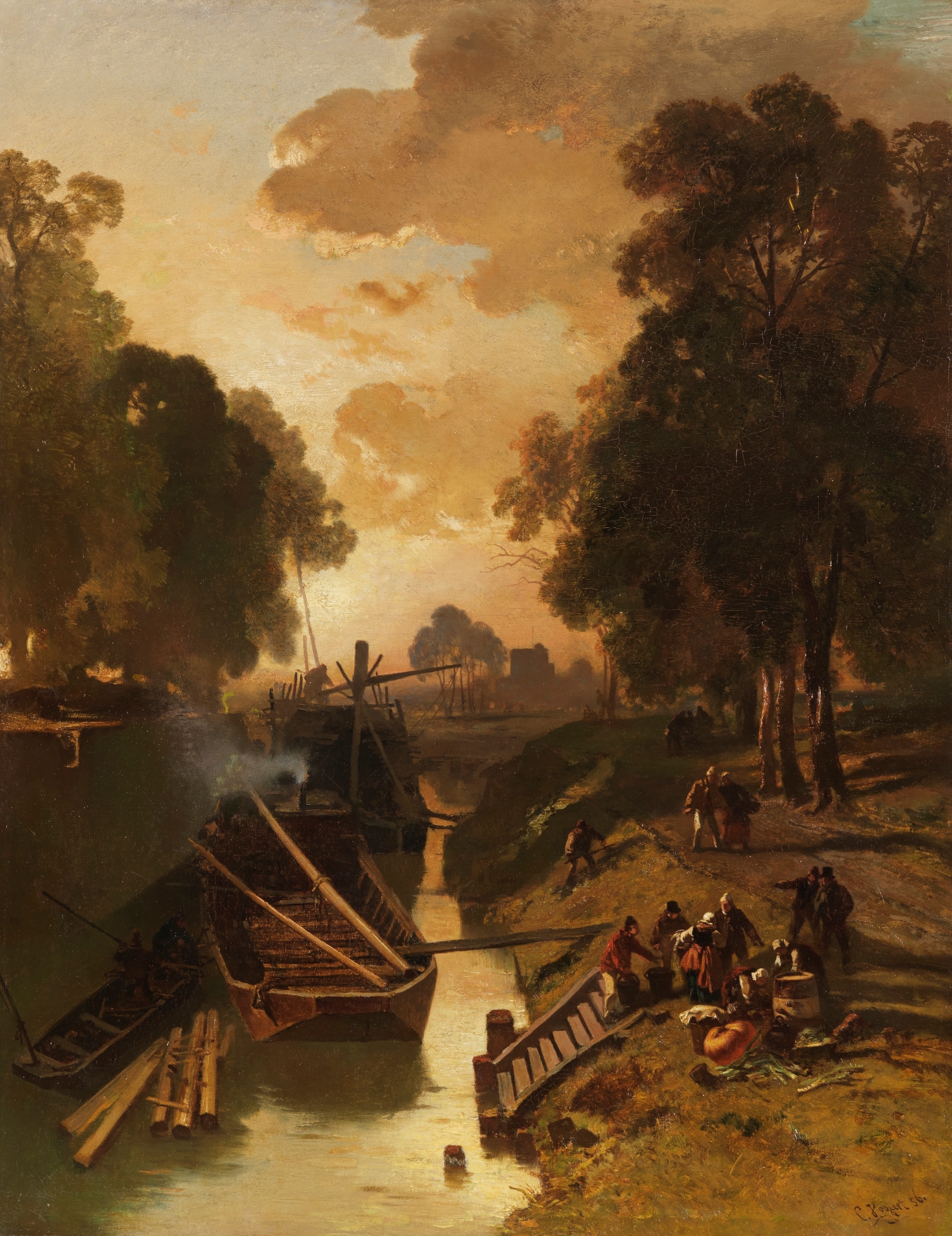 Entladen der Lastkähne by Charles Hoguet, oil on canvas, depicts figures unloading boats by a river.