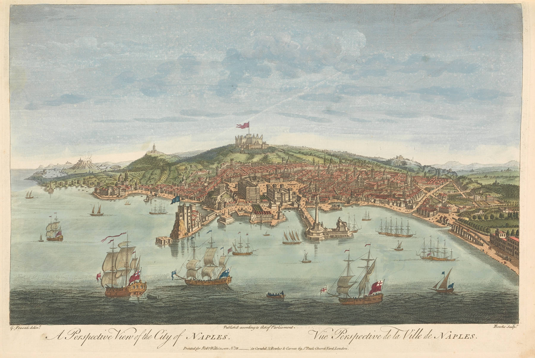 Engraving by Thomas Bowles III depicting Naples' architecture and cityscape.
