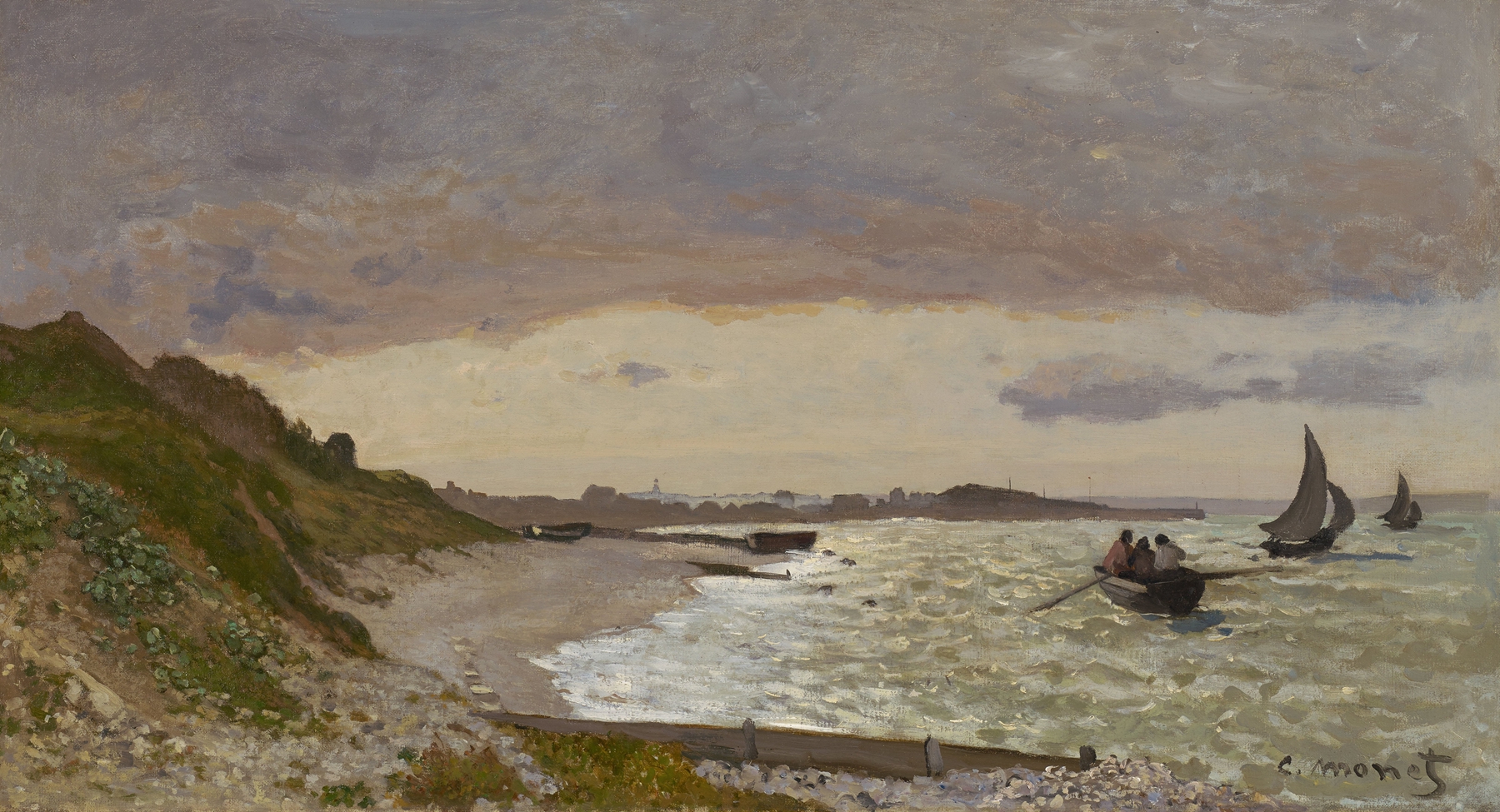 The Seashore at Sainte-Adresse by Claude Monet, oil on canvas, features boats on water under a summer sky.