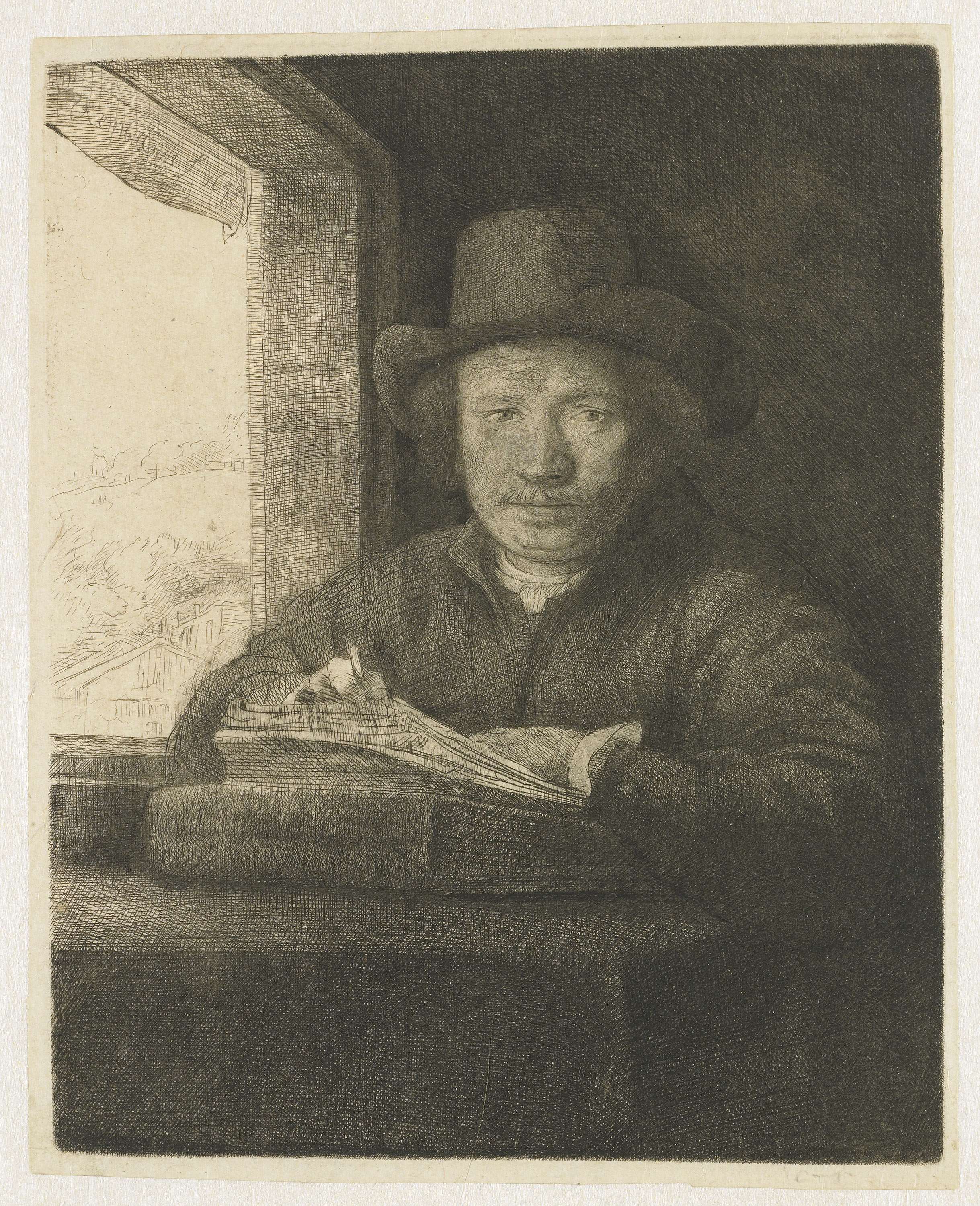 Self-portrait etching at a window, by Rembrandt van Rijn, public domain