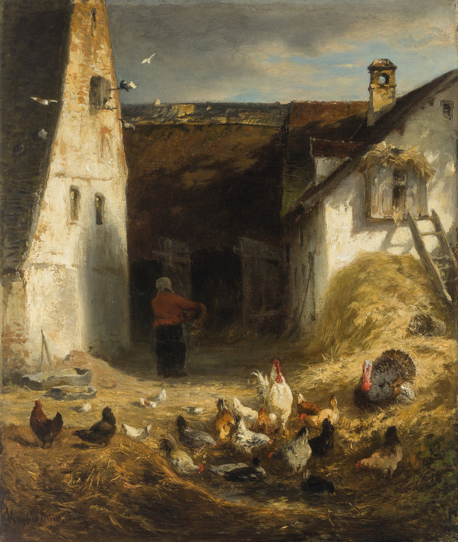 Hühnerhof im Dachauer Land by Albert Kappis, oil on canvas depicting hens in a landscape.