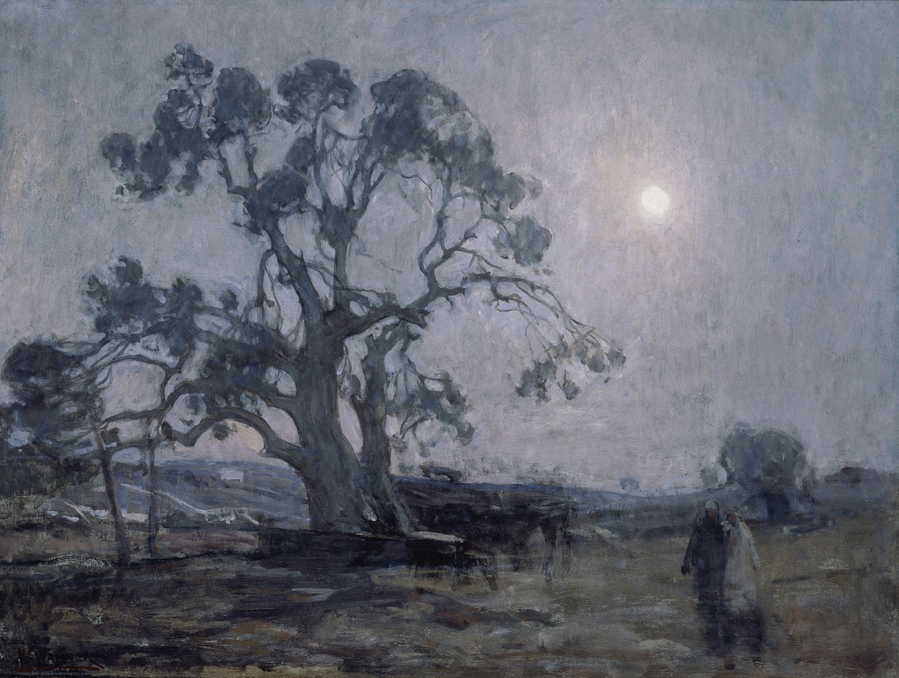 Oil painting by Henry Ossawa Tanner depicting an oak tree with light filtering through the canopy.