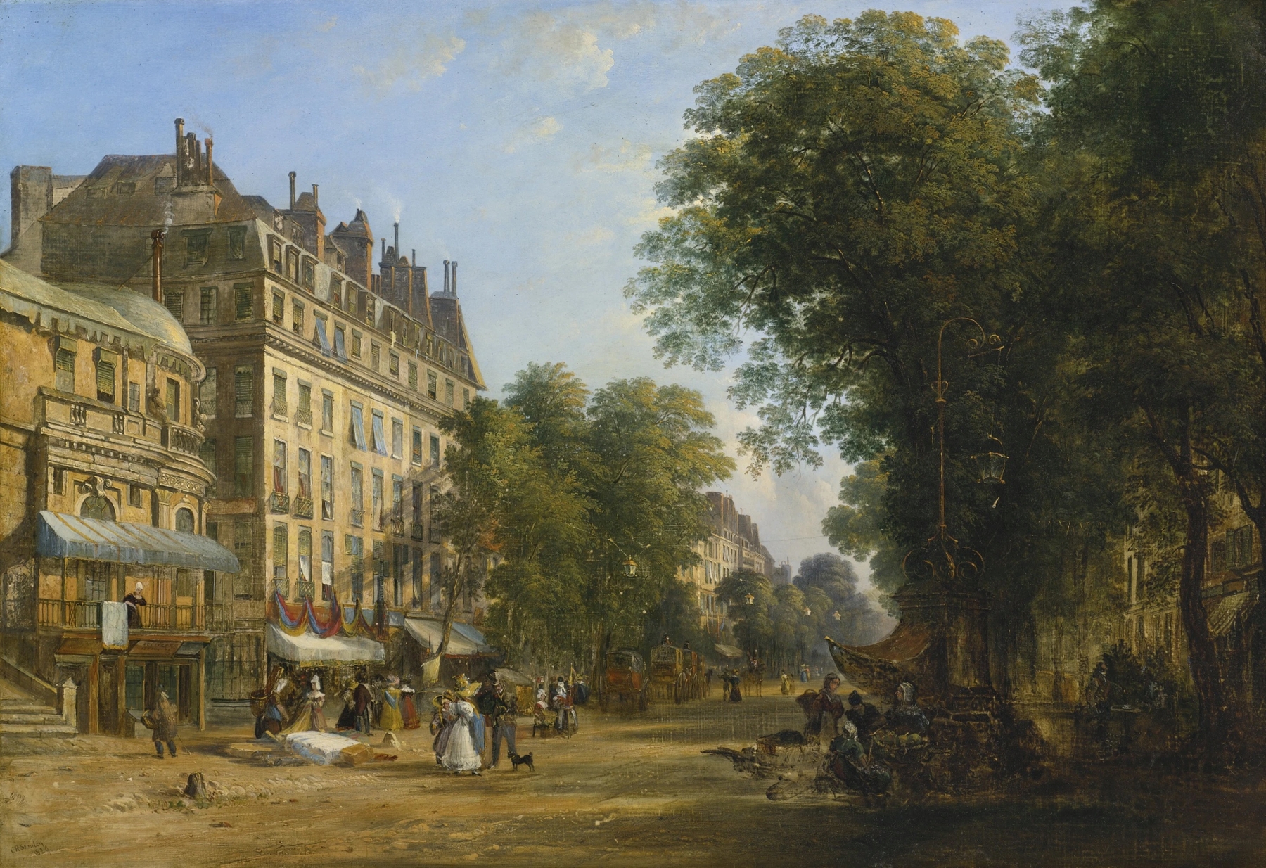 Boulevard Montmartre by Caleb Robert Stanley, oil on canvas depicting a lively street with trees and soft pastels.