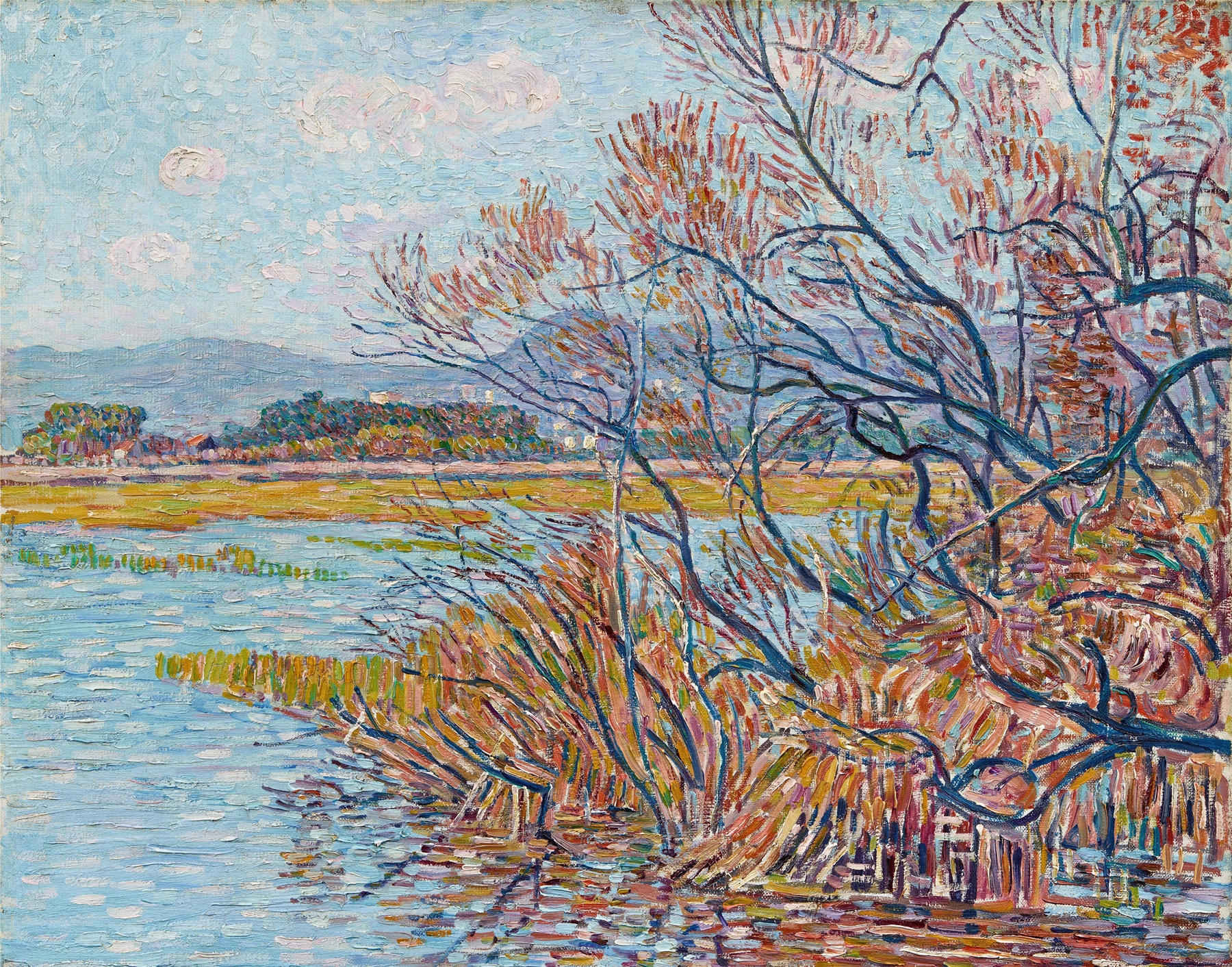 Überschwemmung bei Hyères mit Baumgestrüpp und Schilfgras am Ufer, by Paul Baum, public domain