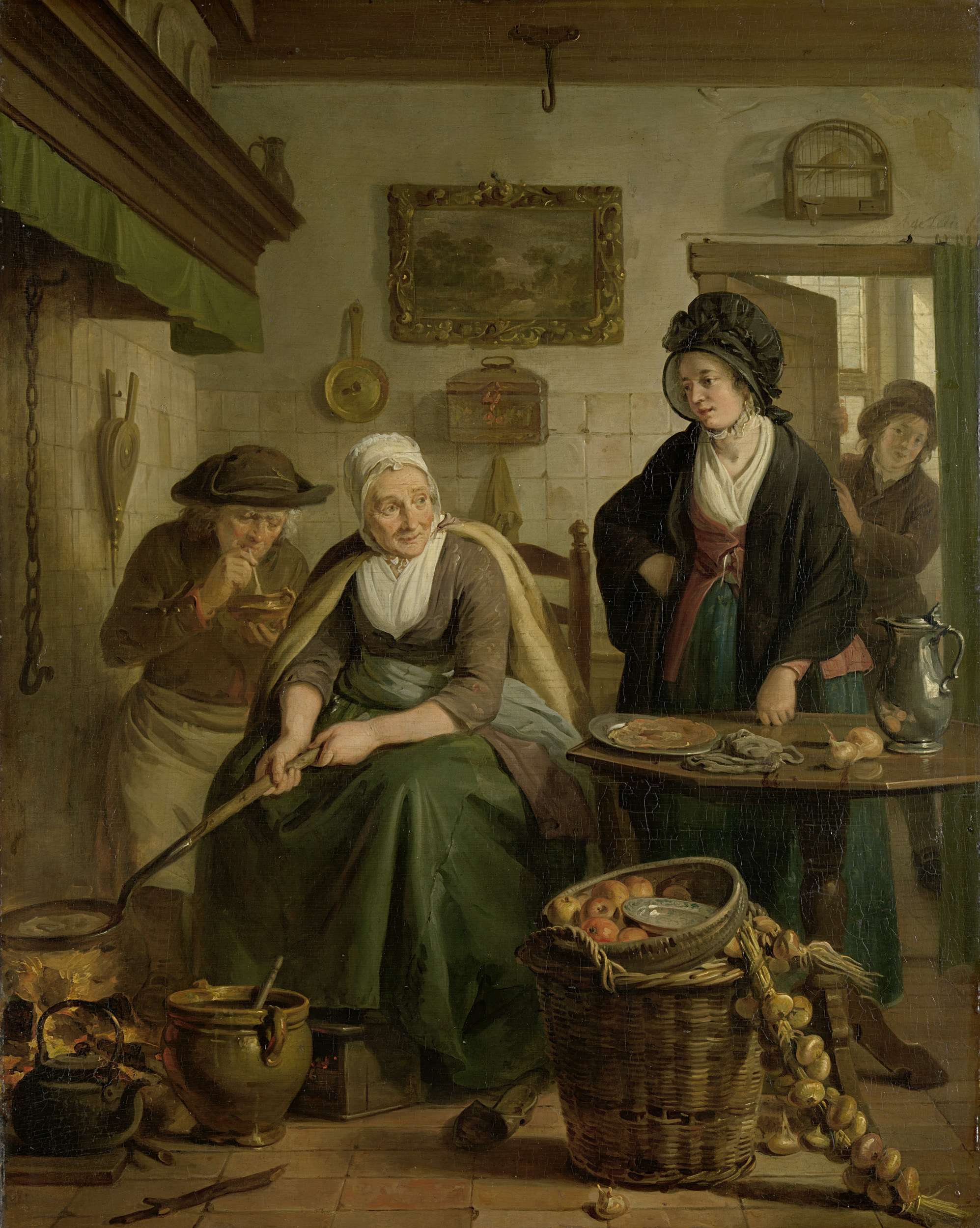 Kitchen scene with a woman baking pancakes, oil on panel by Adriaan de Lelie