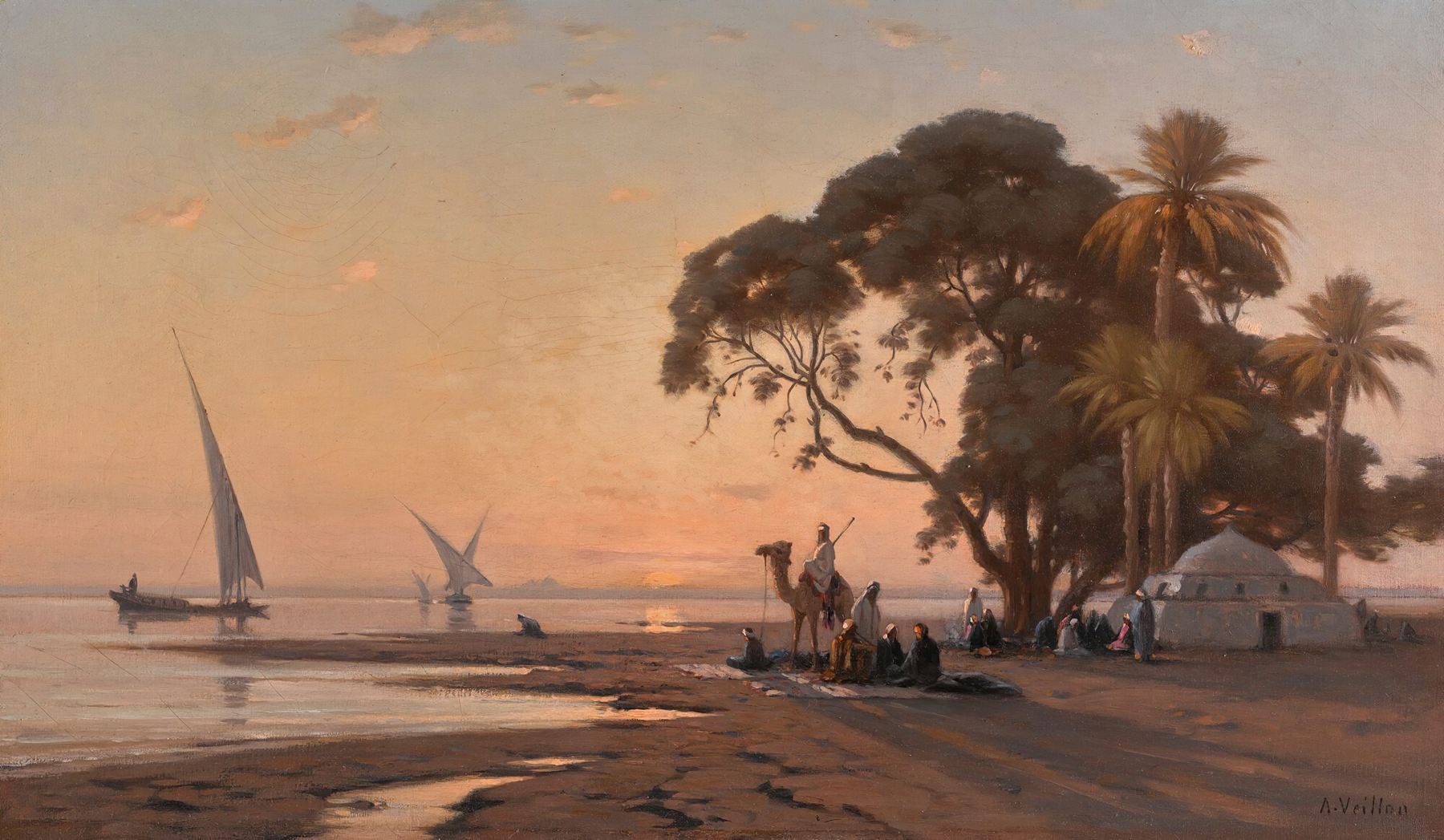 The Banks of the Nile by Auguste Veillon, oil on canvas depicting lush riverbanks.
