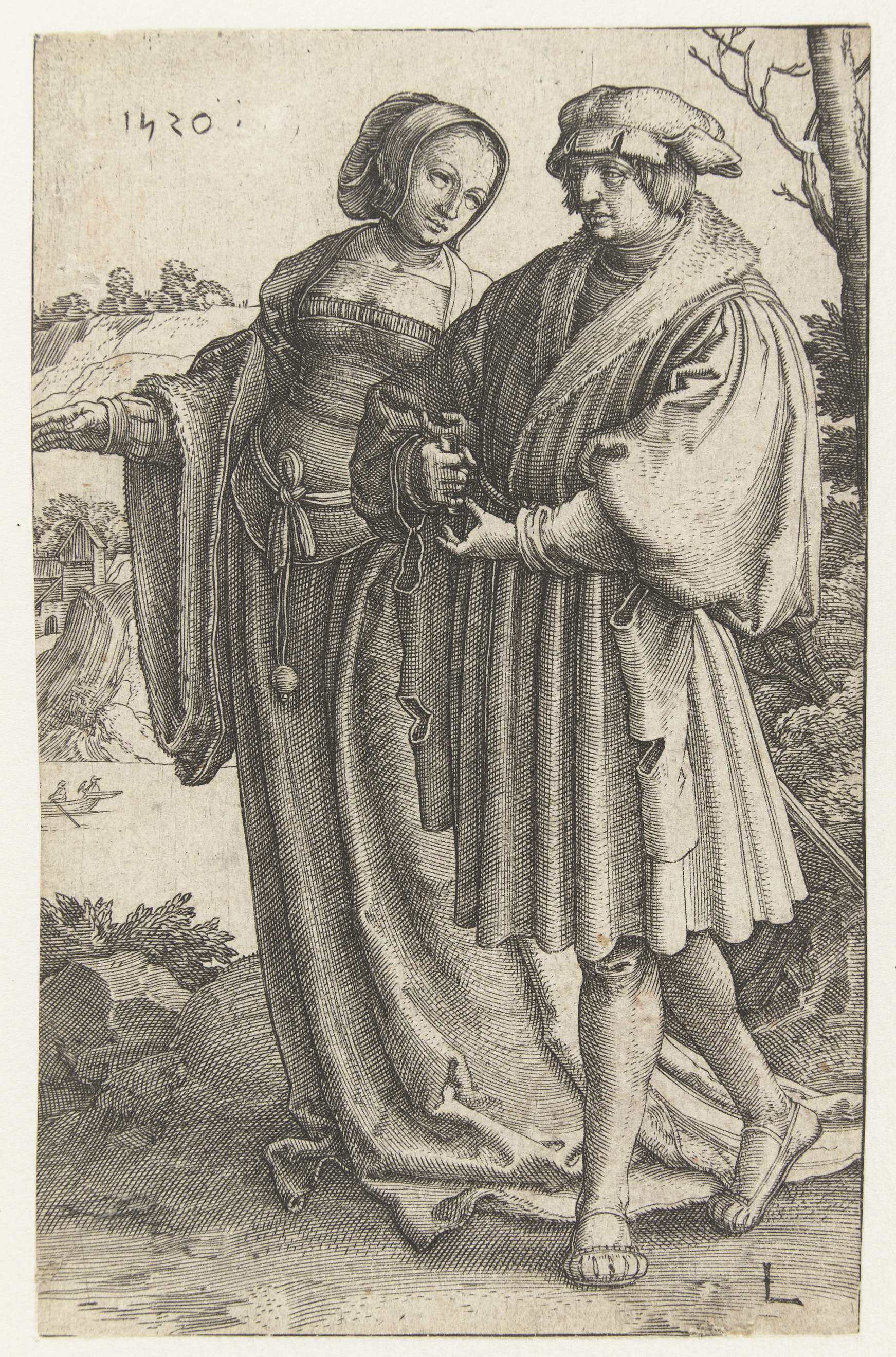 Engraving by Lucas van Leyden depicting a couple in an embrace with intricate garments.