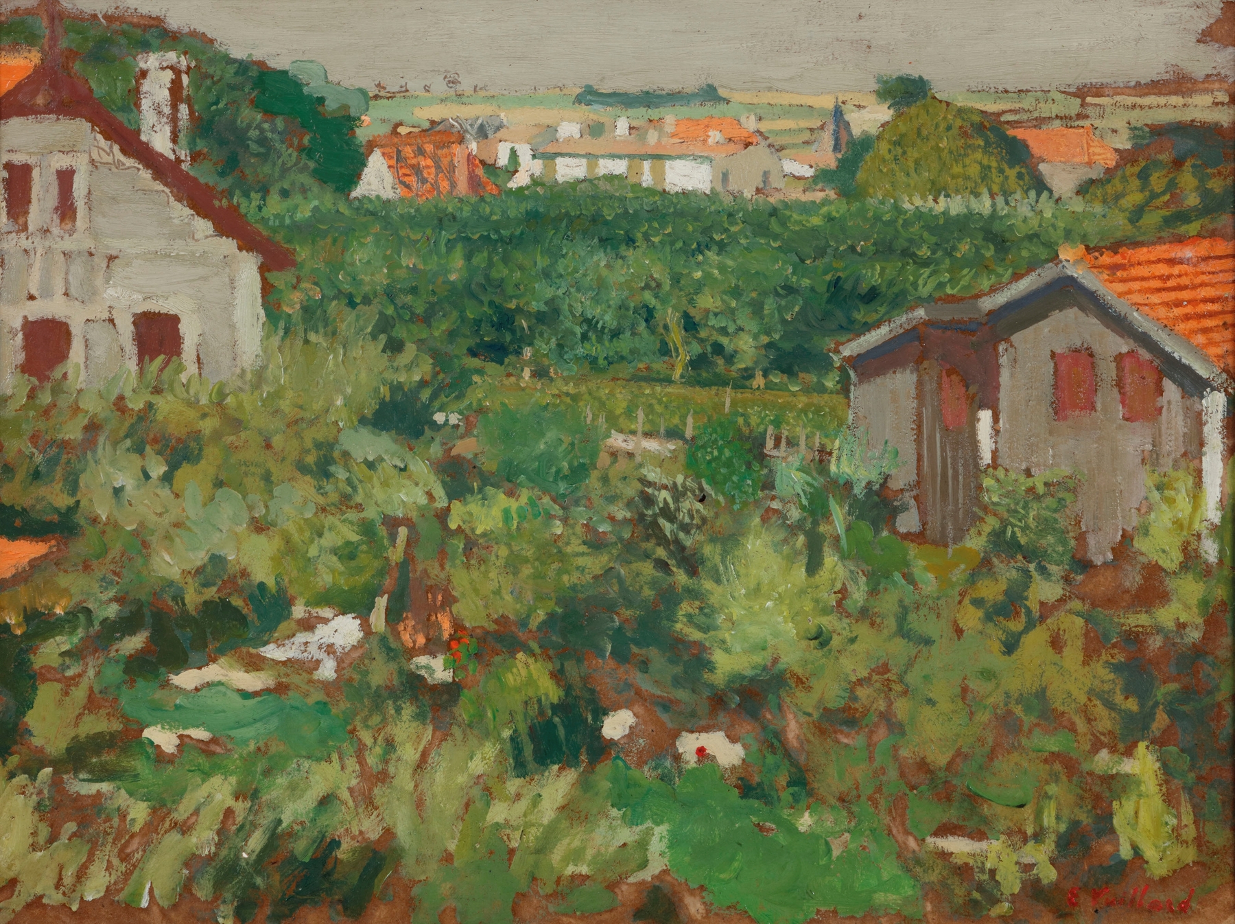 Landscape with small houses in an enclosure, oil painting by Édouard Vuillard