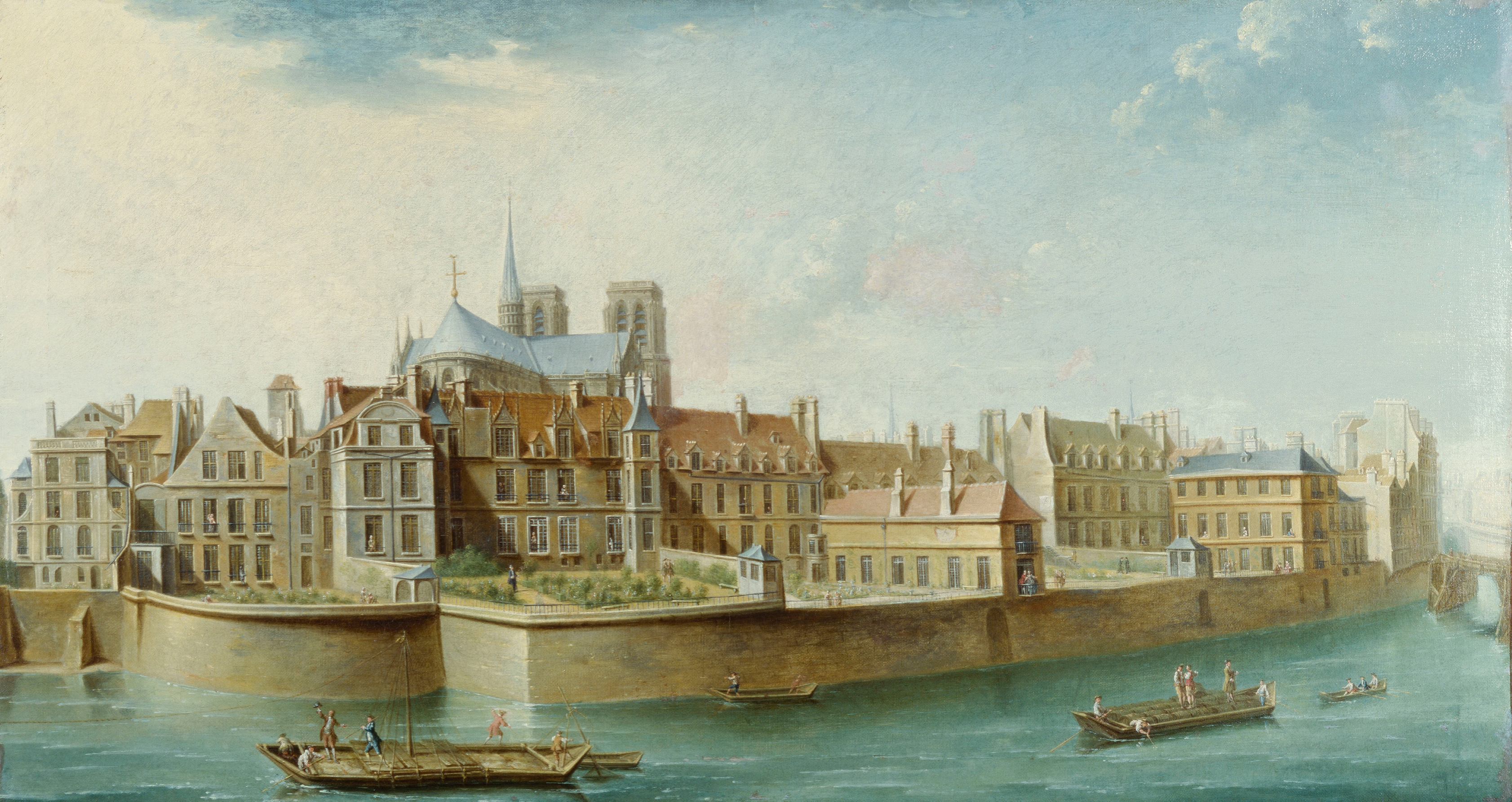 Le Cloître Notre-Dame, oil painting by Nicolas Jean-Baptiste Raguenet, featuring a cathedral by the river.