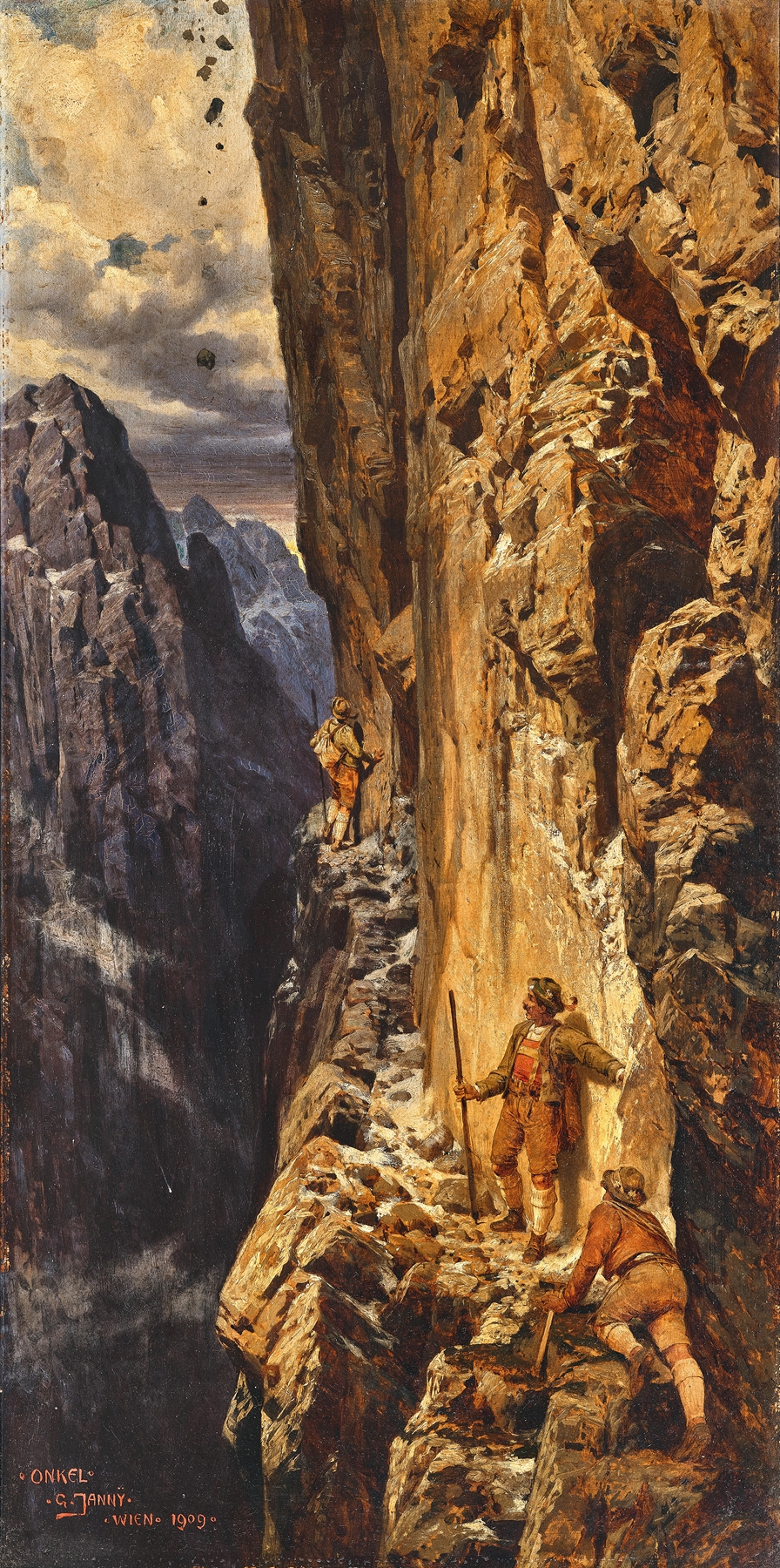 Expressionism artwork by Georg Janny depicting mountaineers on a steep rock face