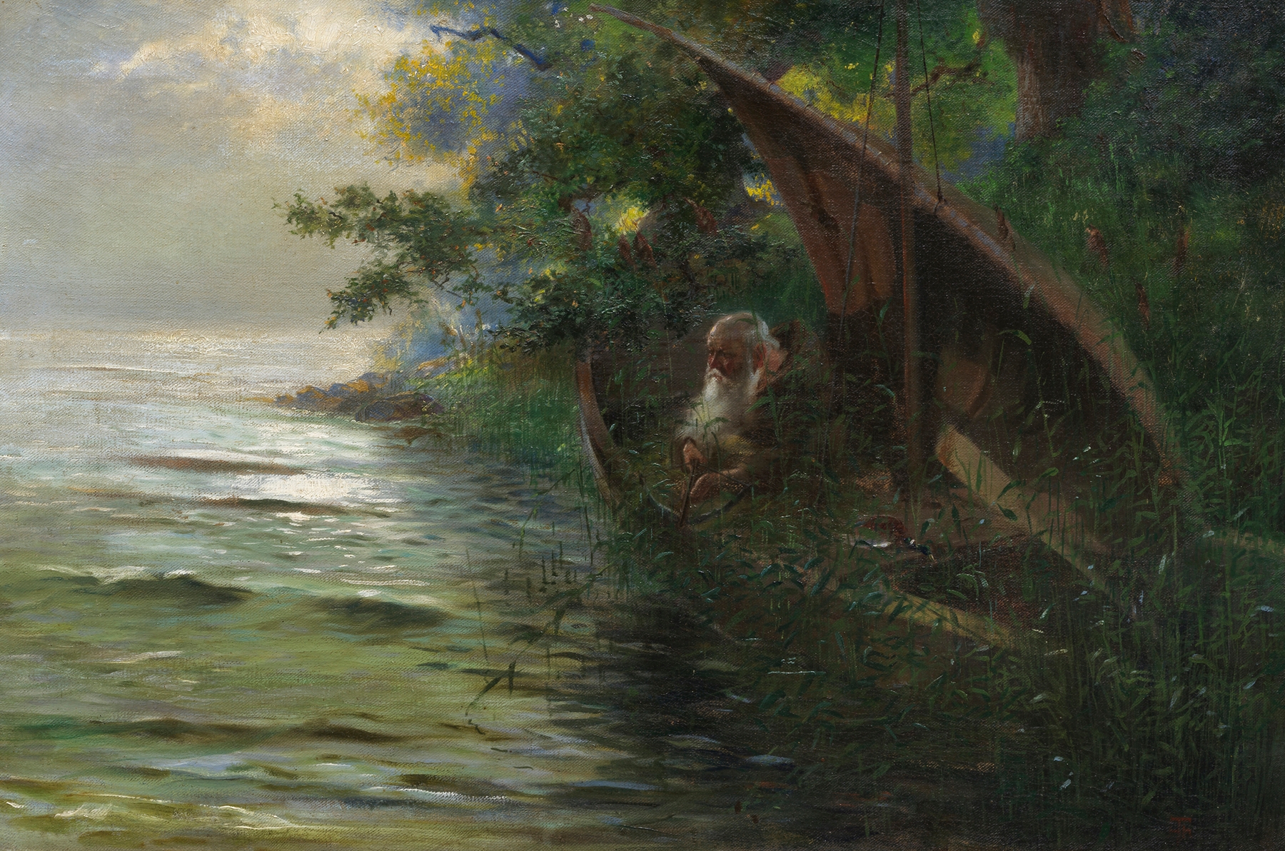 Oil painting by Hans Thoma, 1873, depicting a priest in a boat on a lake.