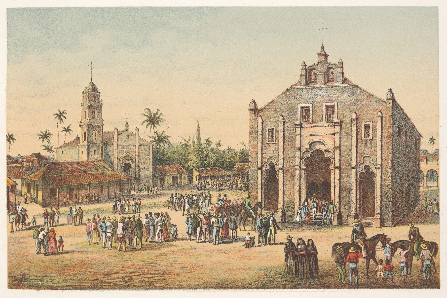 Engraving by Pierre Toussaint Frédéric Mialhe depicting a serene church landscape.