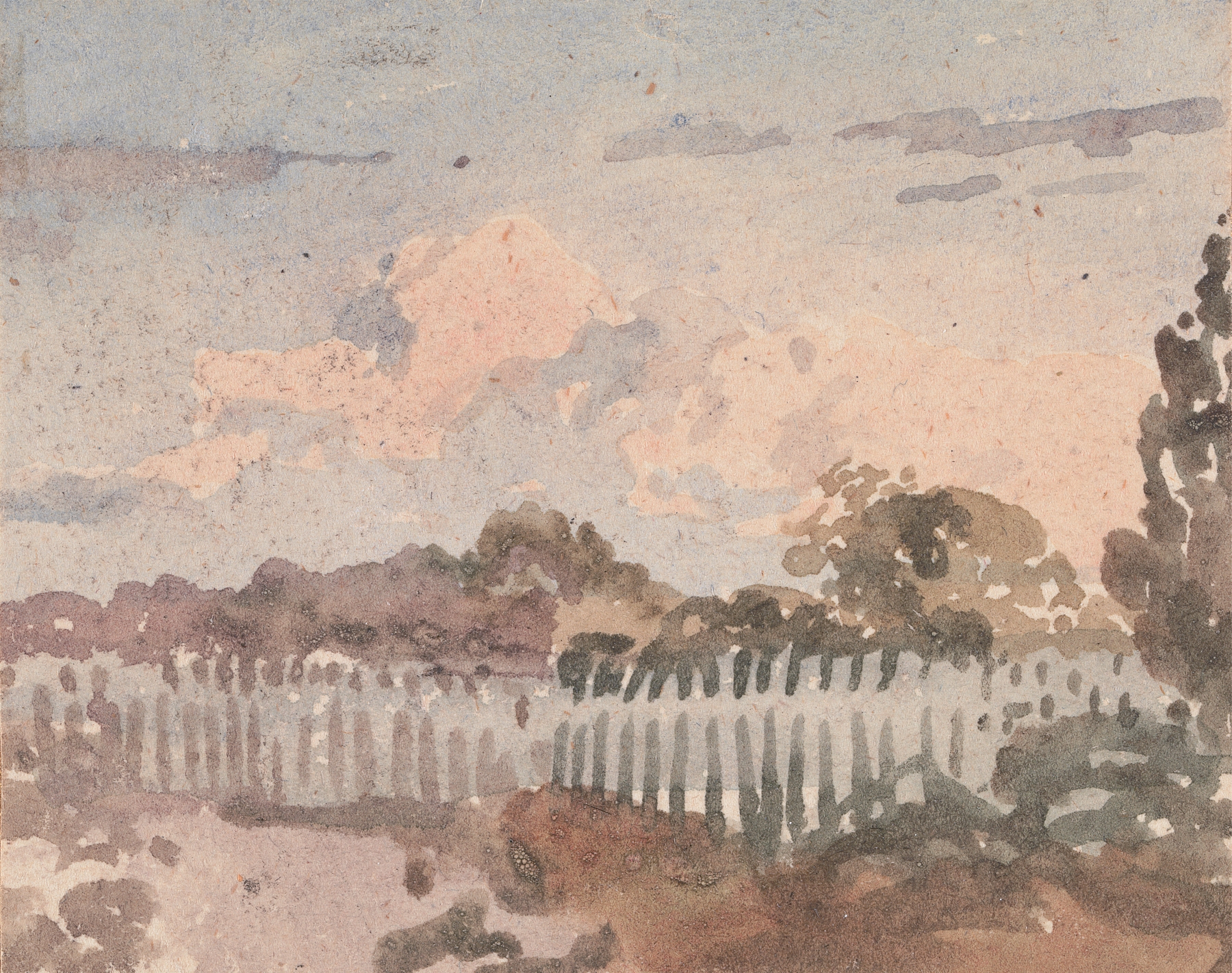 Landscape with Fence by William Collins, oil on canvas depicting green fields and a fence.