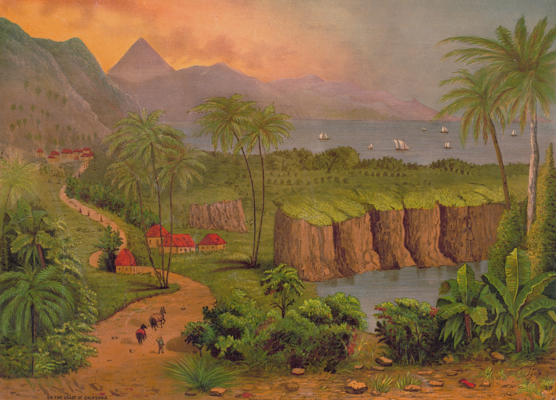 On the coast of California by F. Gleason, depicting rugged cliffs and ocean waves, oil painting