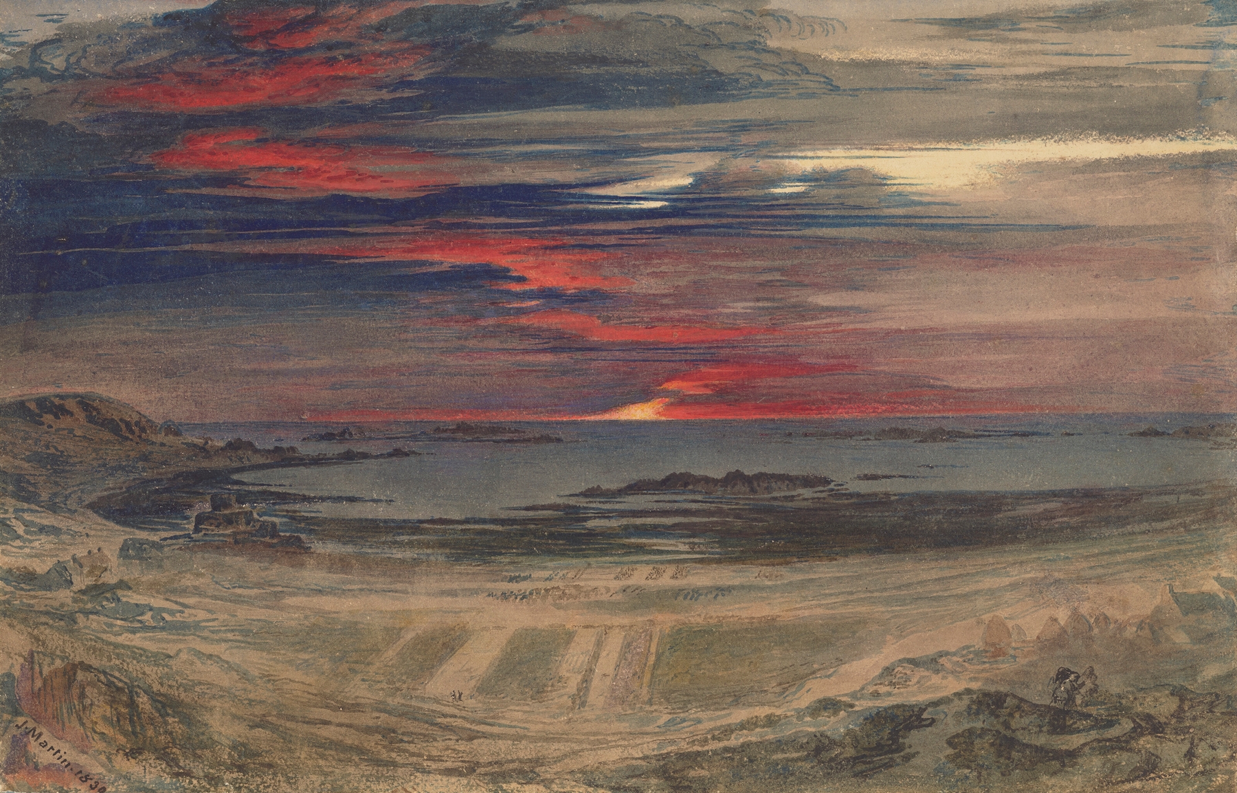 Sunset over a rocky bay, oil painting by John Martin, featuring cliffs and twilight colors.