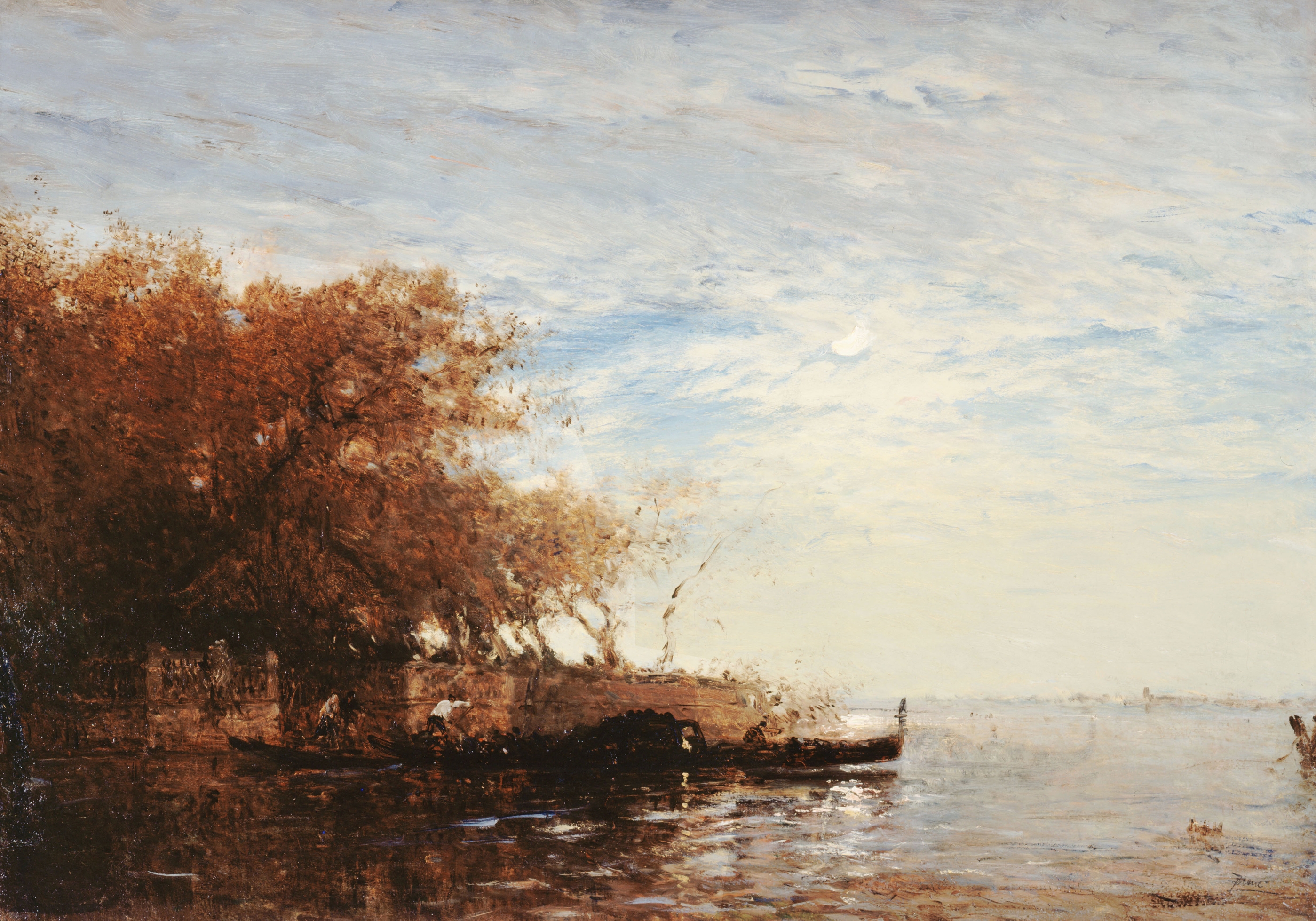 Moonlit garden scene with water, oil painting by Félix Ziem