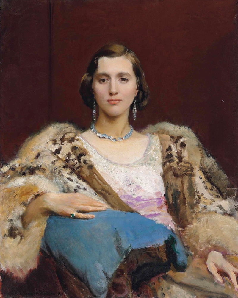 A portrait of Miss Dewitt adorned with a leopard stole.
