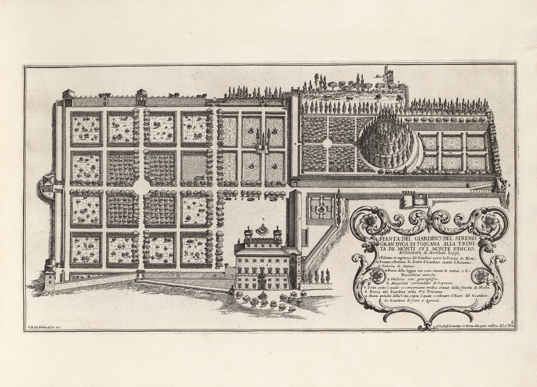 Li giardini di Roma: con le loro piante, alzate e vedvte in prospettiva Pl.07, by Giovanni Battista Falda, public domain