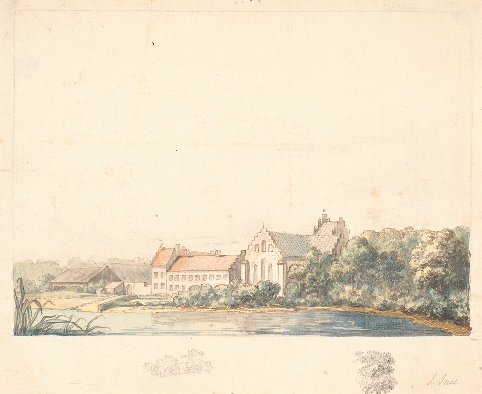 A landscape painting by Jens Juel depicting Herlufsholm Church by the Suså River.
