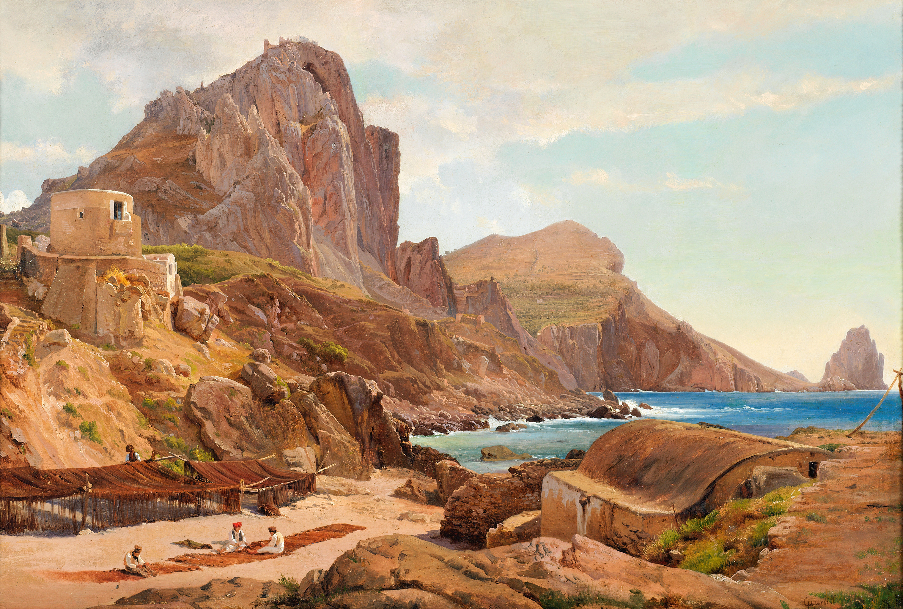 Marina Piccola, Capri by Louis Gurlitt, oil painting depicting a serene coastal scene with gentle waves.