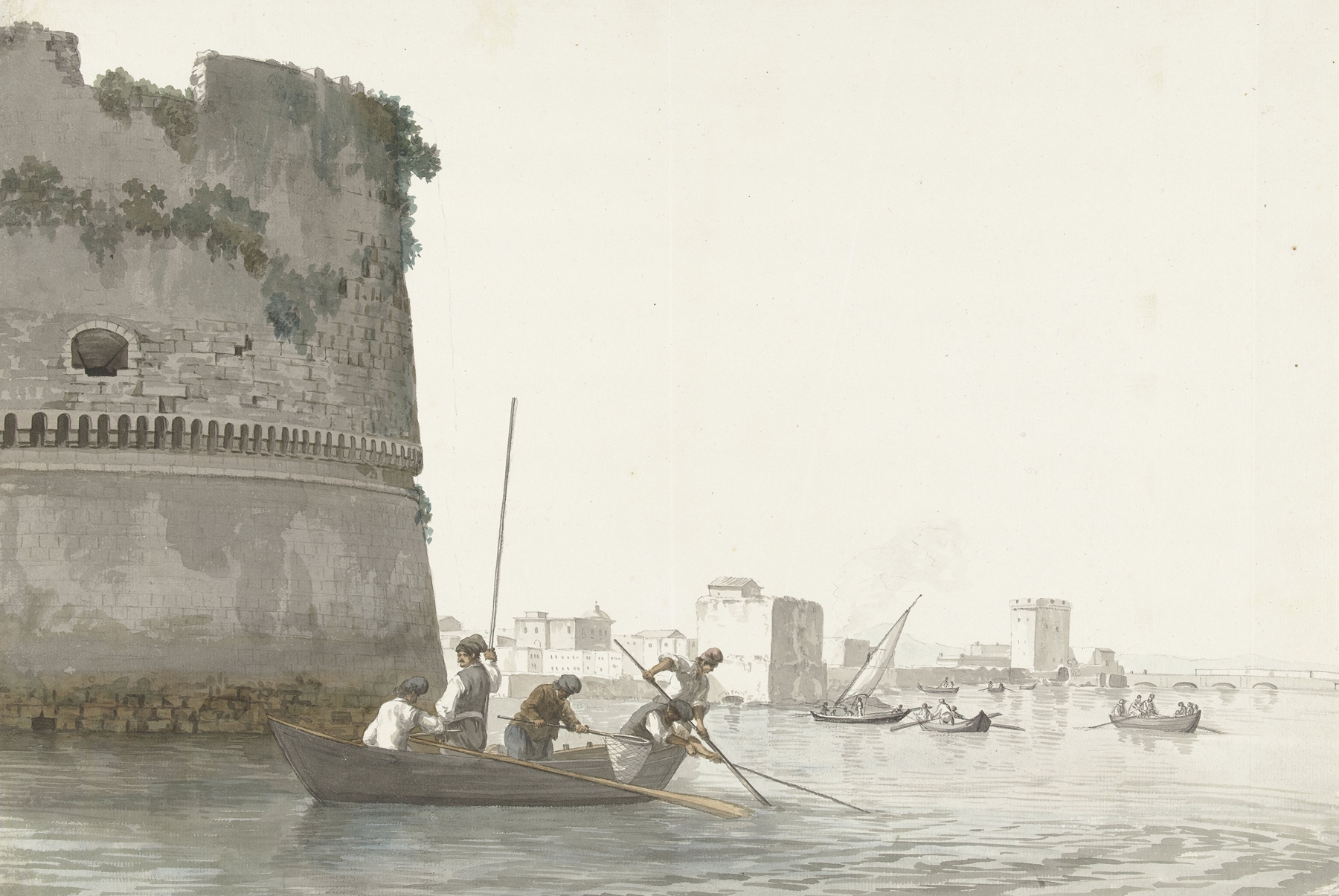 Marine scene with fishermen and boats on Mare Piccolo by Abraham-Louis-Rodolphe Ducros, oil painting