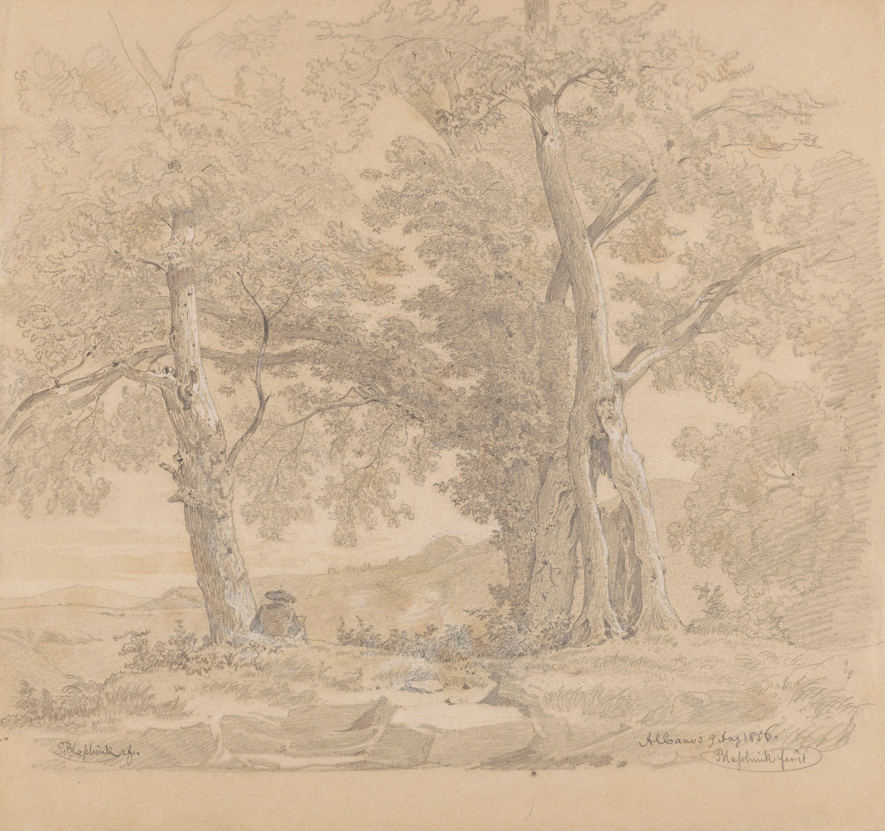 Draughtsman among trees by Lake Albano, 1856, Arthur Blaschnik, drawing