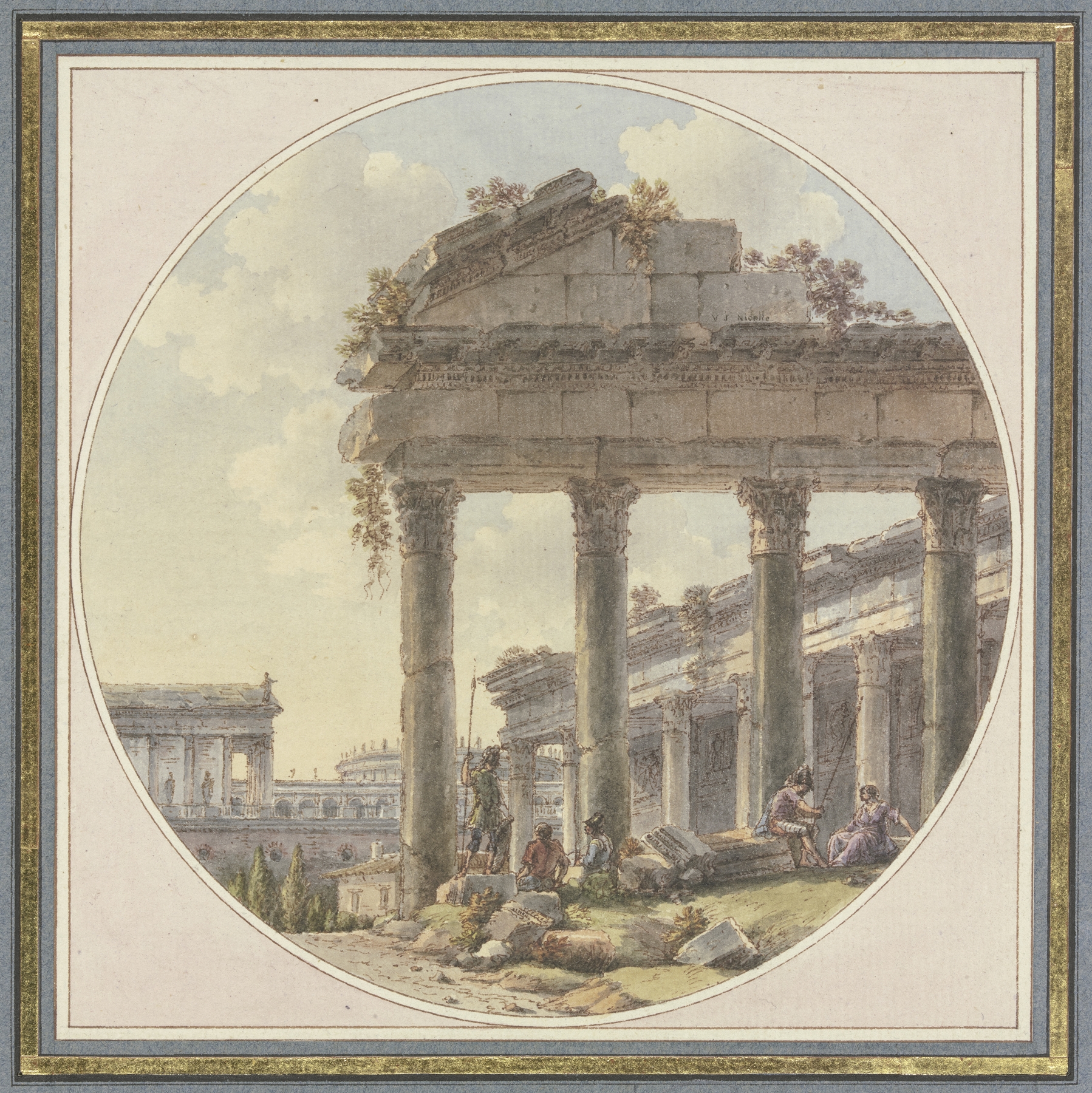Watercolour by Victor-Jean Nicolle depicting ancient ruins and figures.