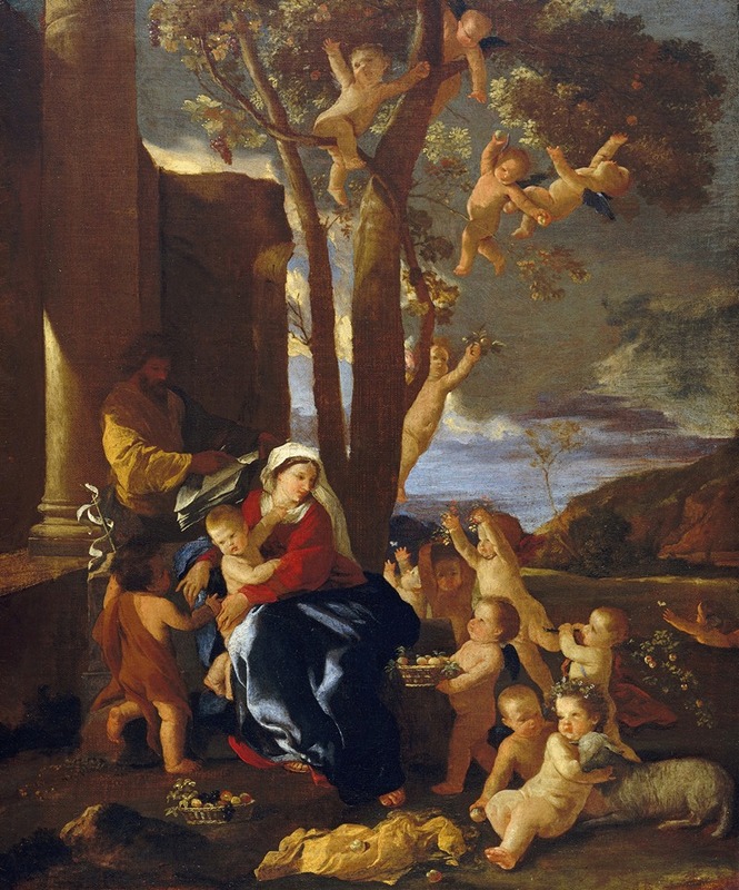 Nicolas Poussin's 'The Holy Family with Saint John the Baptist' depicts a serene religious scene.