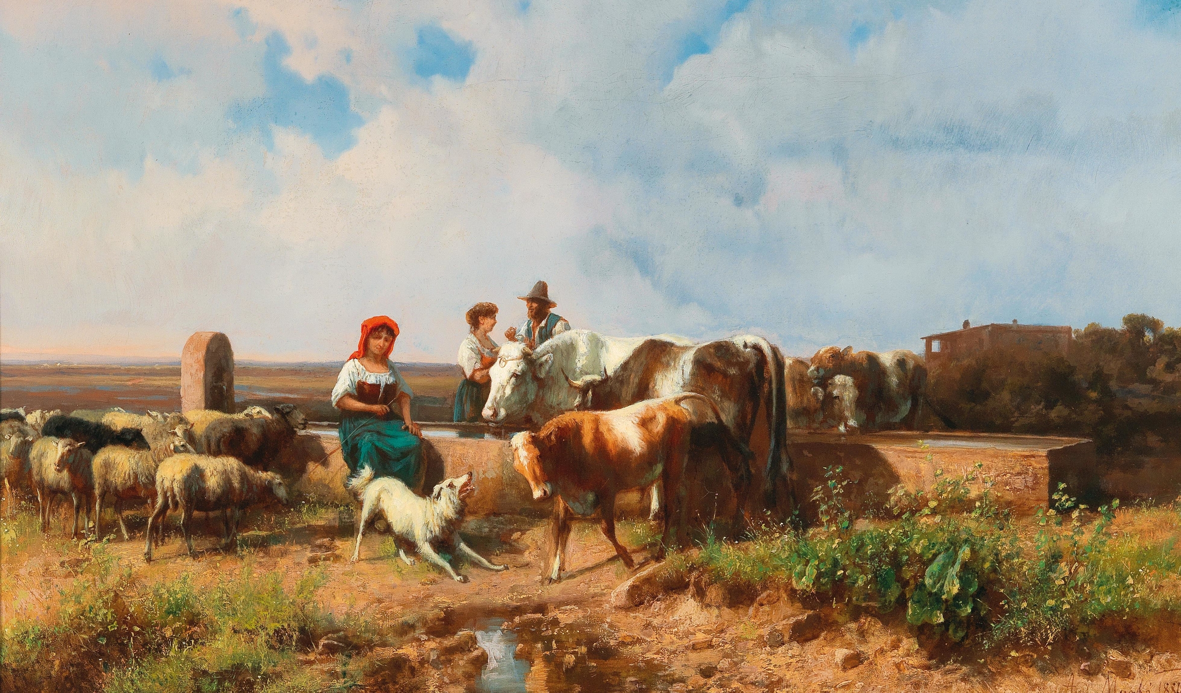 Genre scene depicting figures at a watering place, oil painting by András Markó