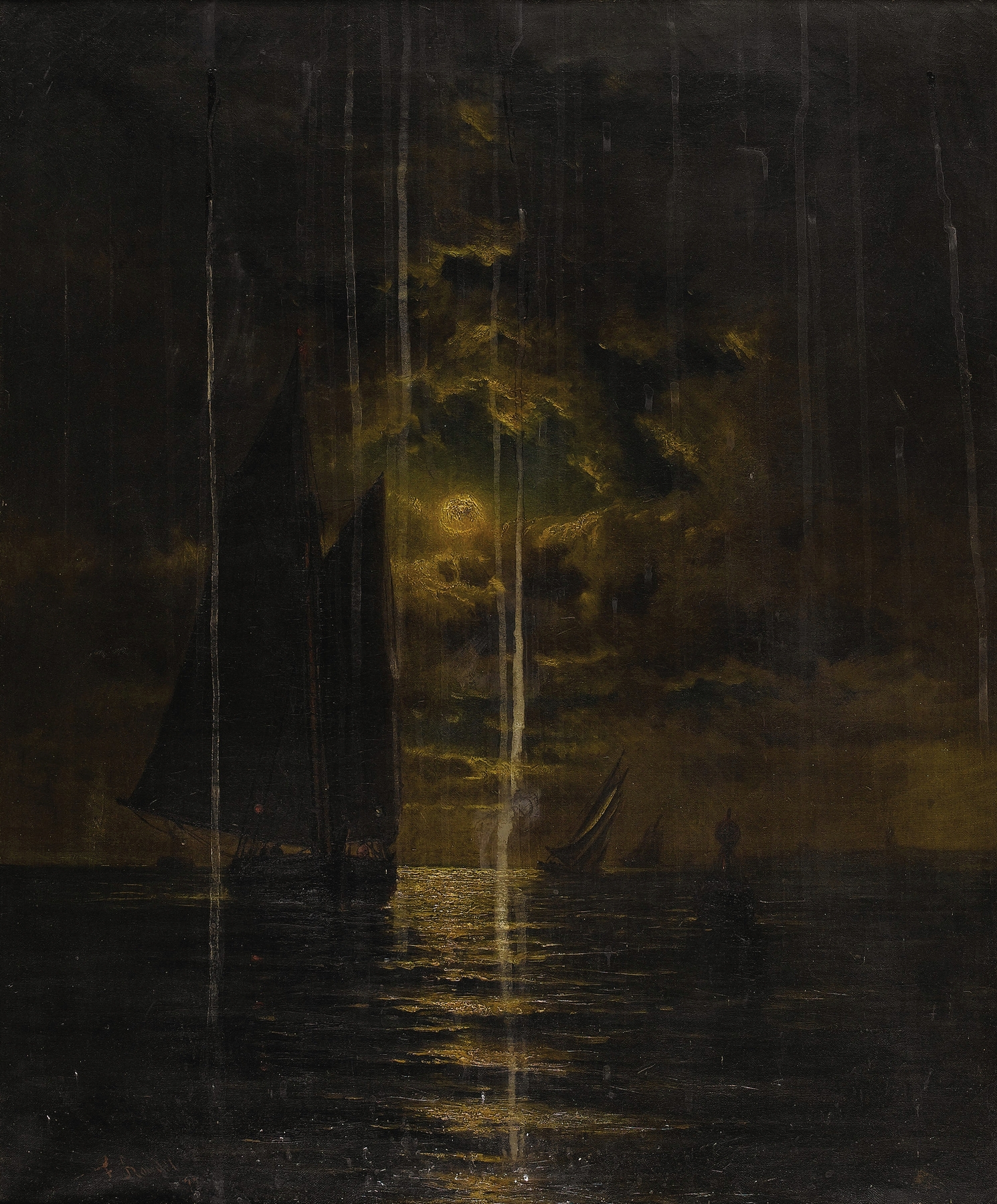 Sailboats in Moonlight, oil on canvas by Frederick Rondel, depicting boats on calm water under moonlight.