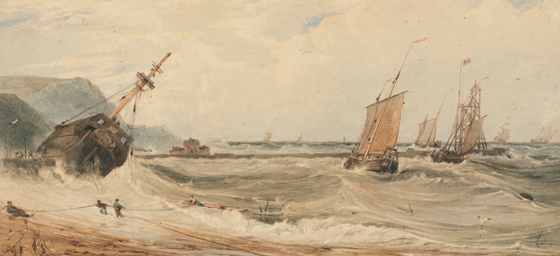 Marine scene of Boulogne Harbour by François Louis Thomas Francia, oil painting