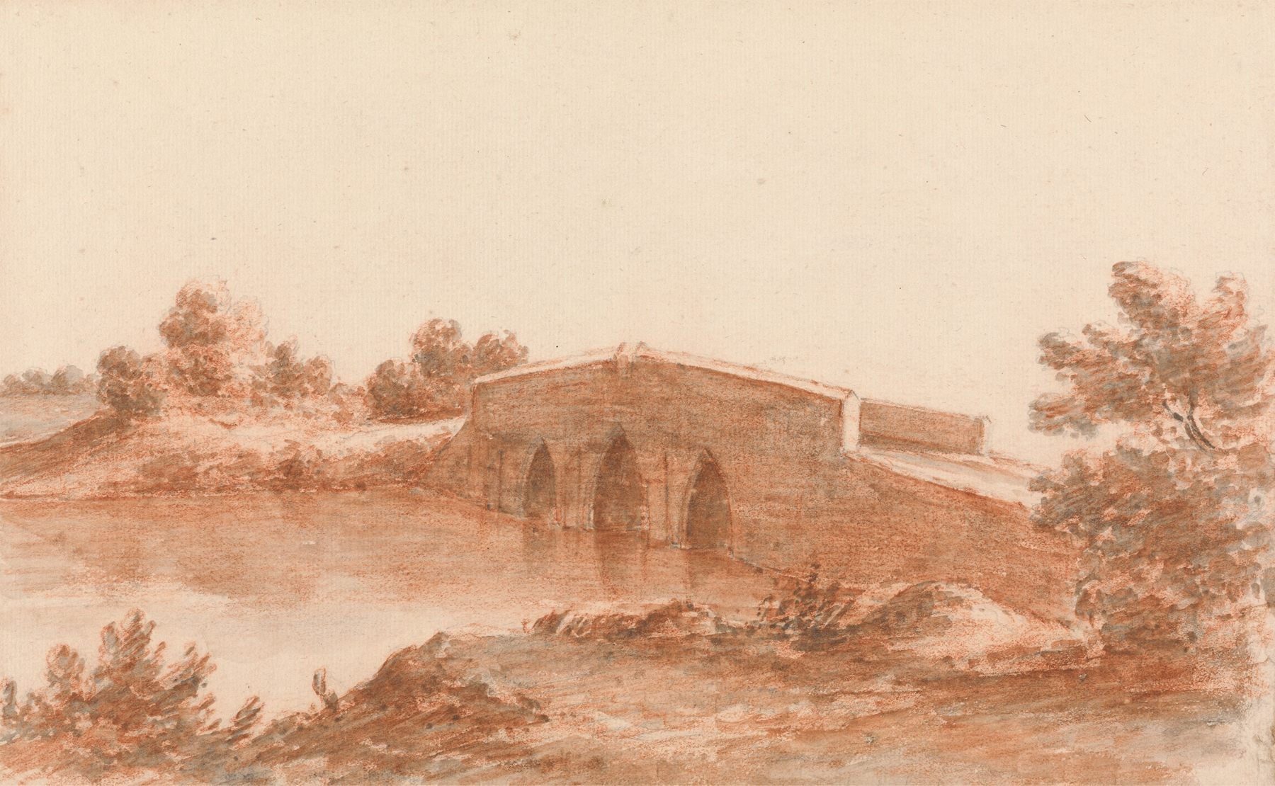 A bridge over a stream in a landscape, oil on canvas by Robert Price