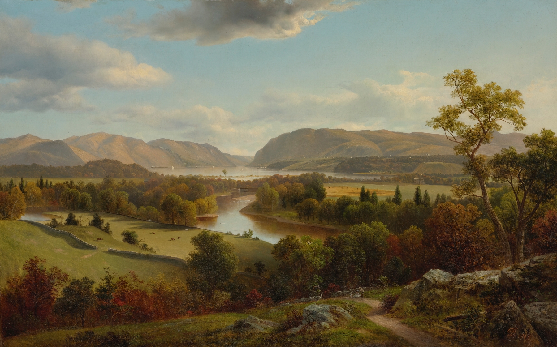 View From New Windsor, Hudson River by David Johnson, oil painting depicting a river landscape at sunset.