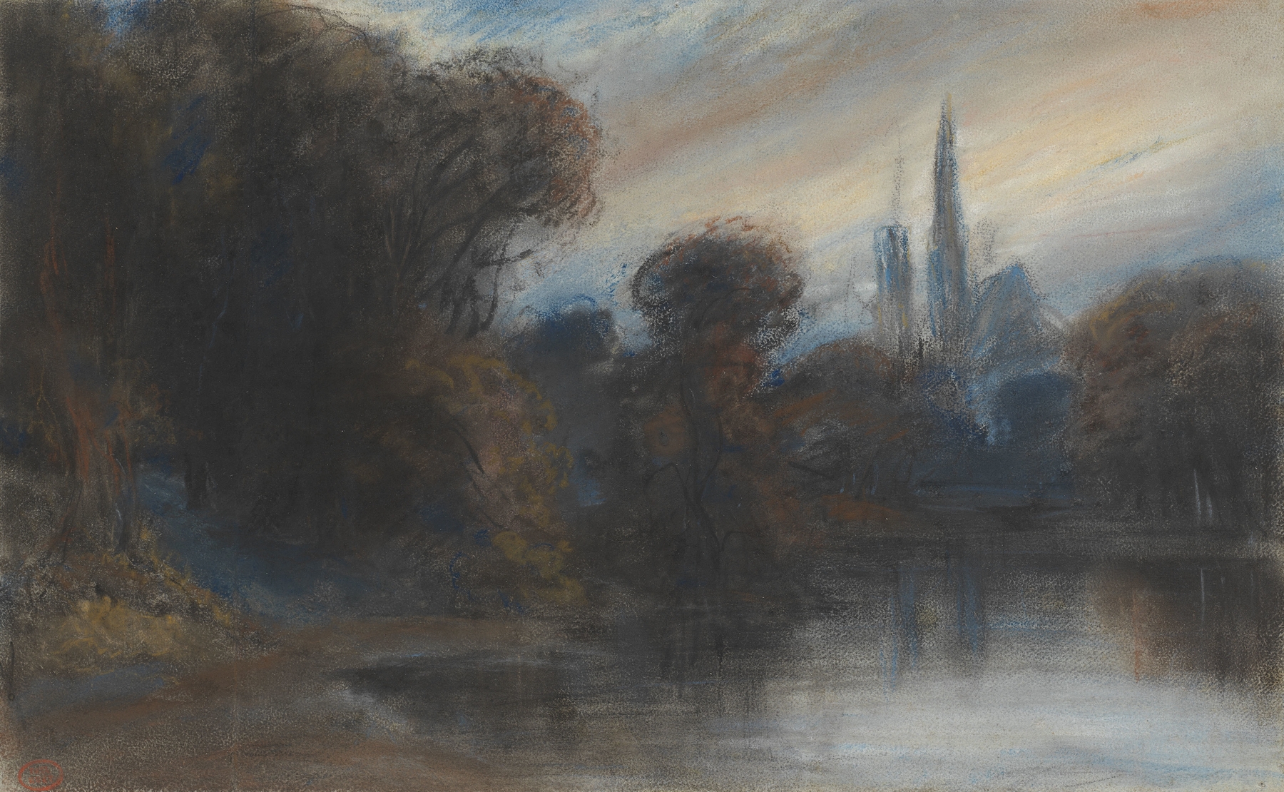 An Abbey by a Wooded Lake at Twilight, oil on canvas by Paul Huet
