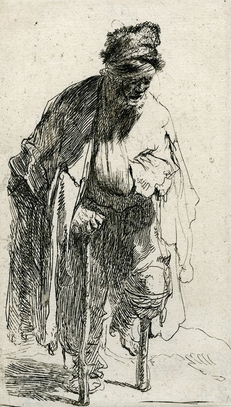 Rembrandt's painting depicts a beggar with a wooden leg, showcasing his characteristic use of light and shadow.