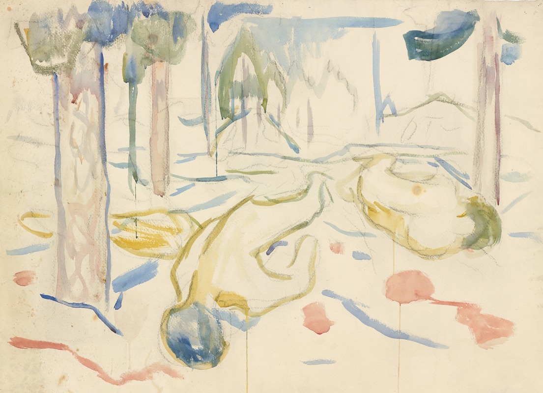 Edvard Munch's 'Landskap og døde kropper' features a haunting landscape with lifeless bodies.