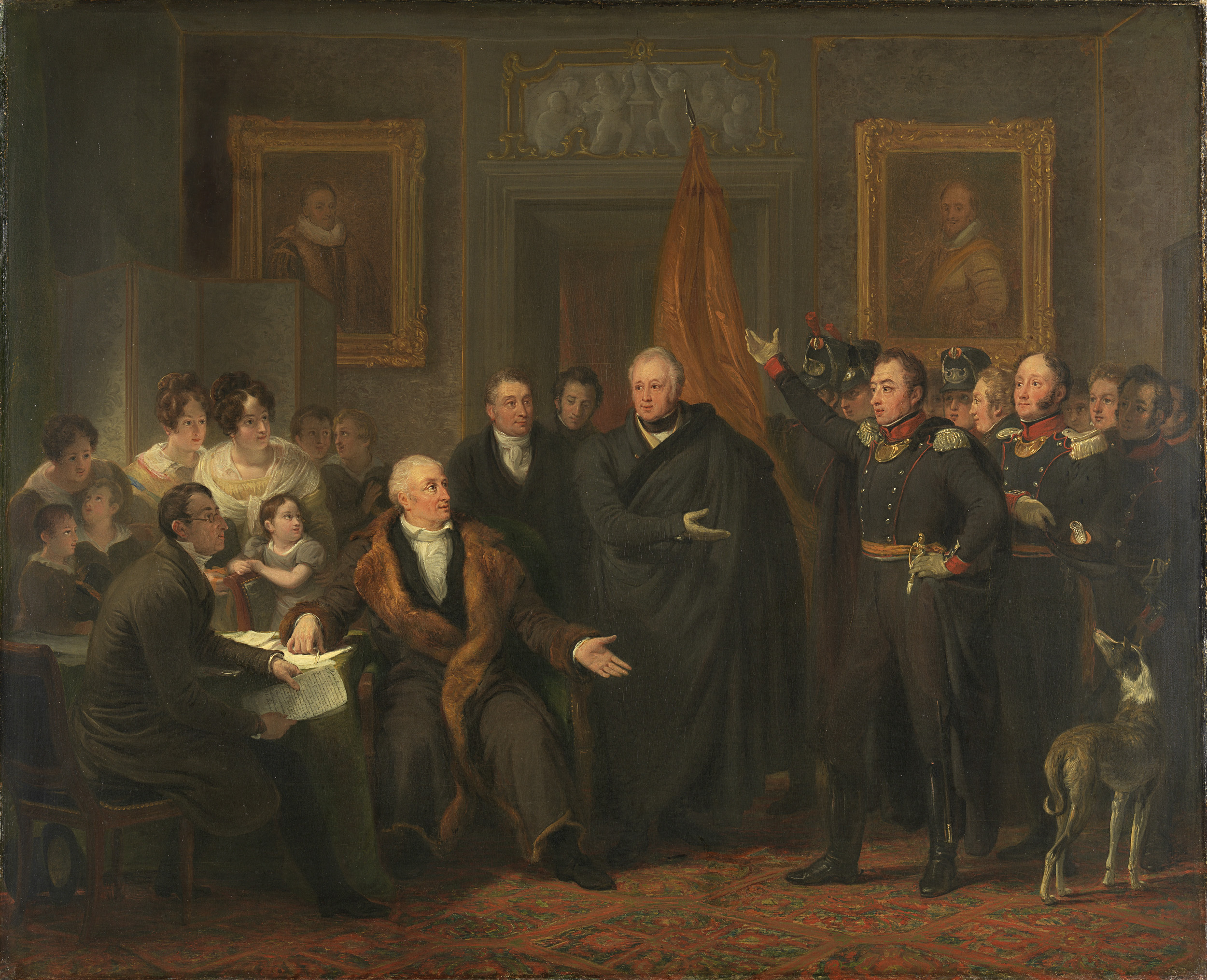 Historical oil painting by Jan Willem Pieneman depicting a triumvirate with light and shadow.