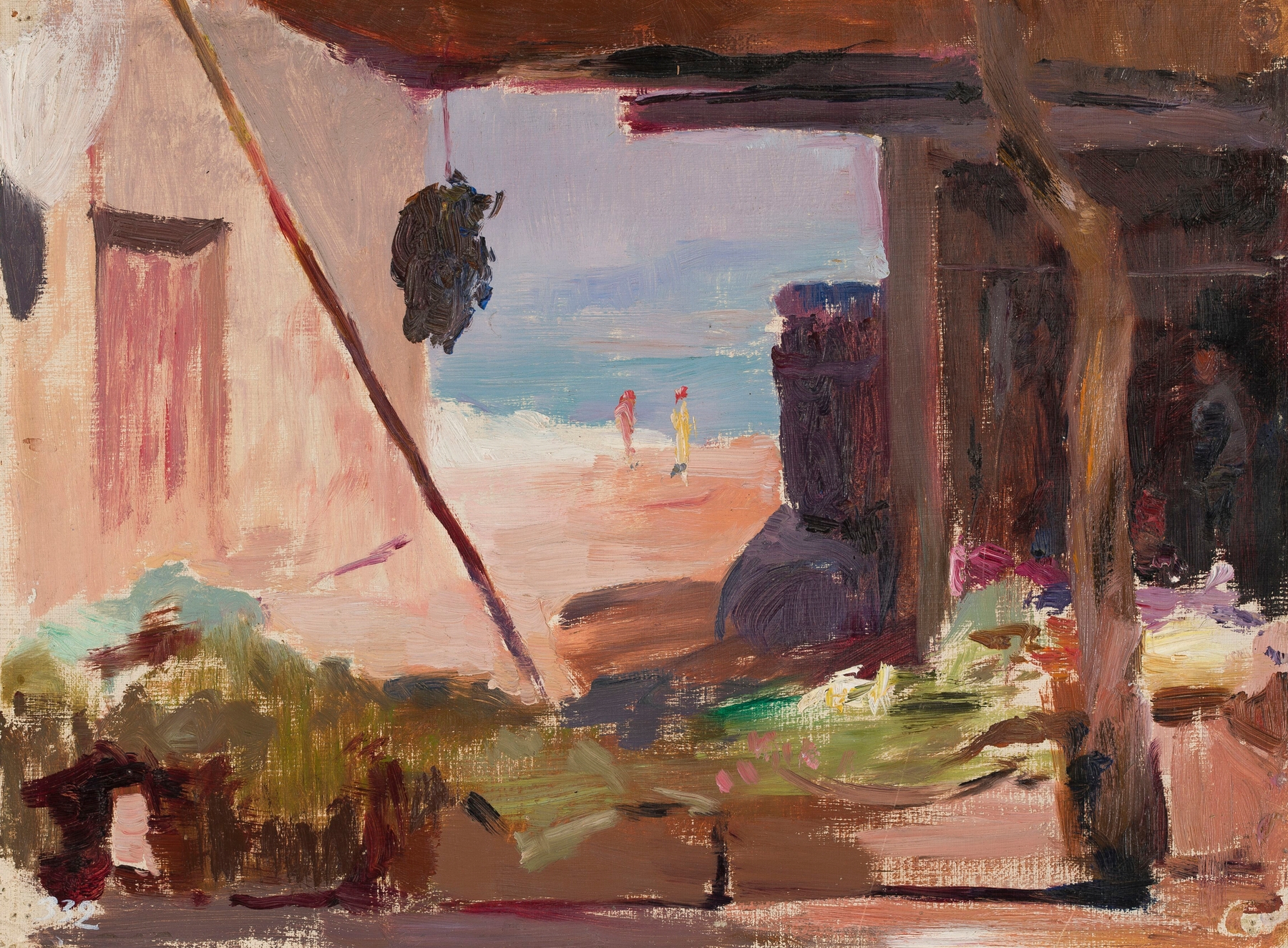 Fragment of weathered buildings at the seaside, oil painting by Jan Ciągliński