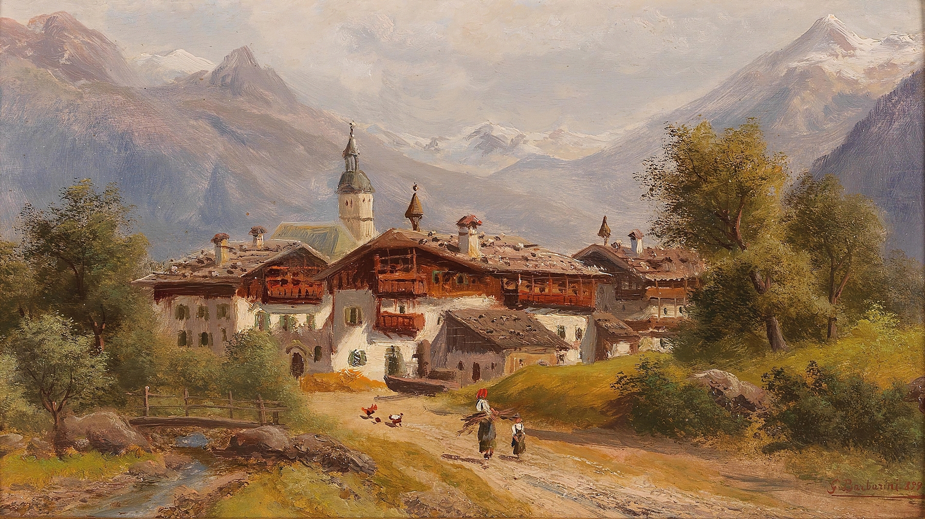 Village In Pinzgau, Salzburg by Gustav Barbarini, oil on canvas depicting a tranquil village in a lush landscape.