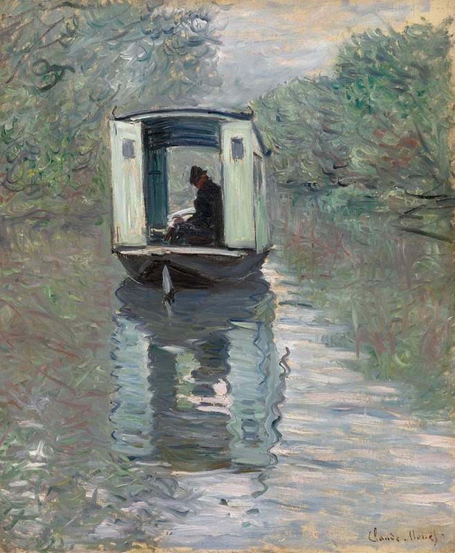 Claude Monet's 'The Studio Boat' captures a serene moment on the water with vibrant colors.