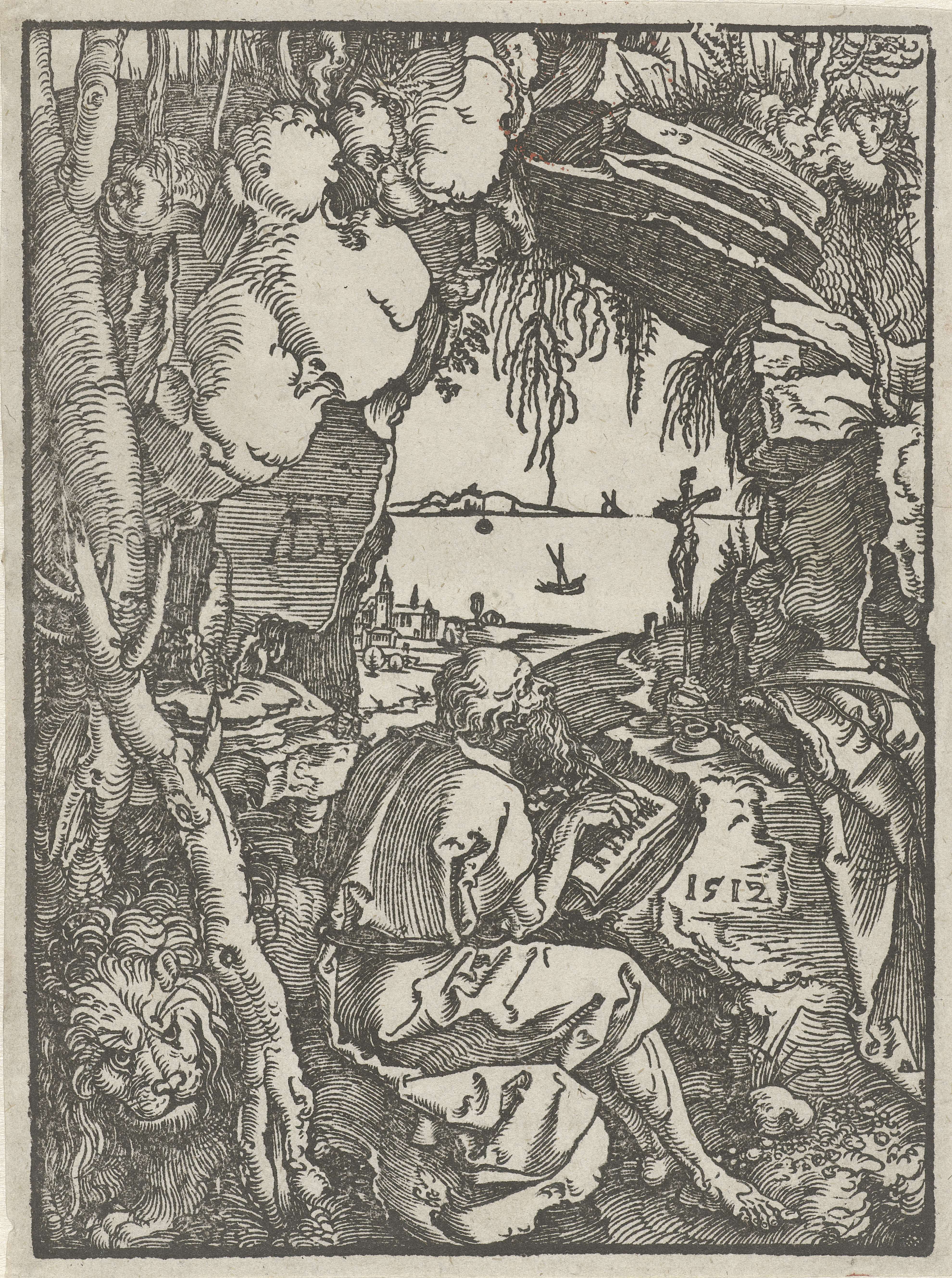 De Heilige Hiëronymus schrijvend in een grot, by Albrecht Dürer, public domain