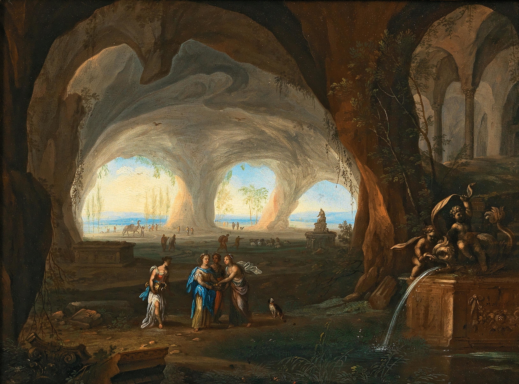Grotto interior with women in antique dress at a fountain, Baroque, by Monogramist MM