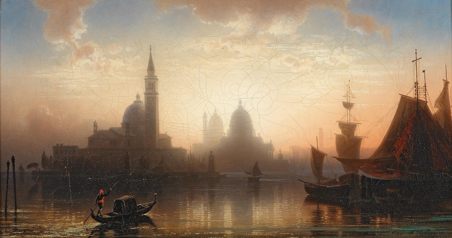 Gondolier gliding through a canal at twilight, oil painting by Karl Heilmayer