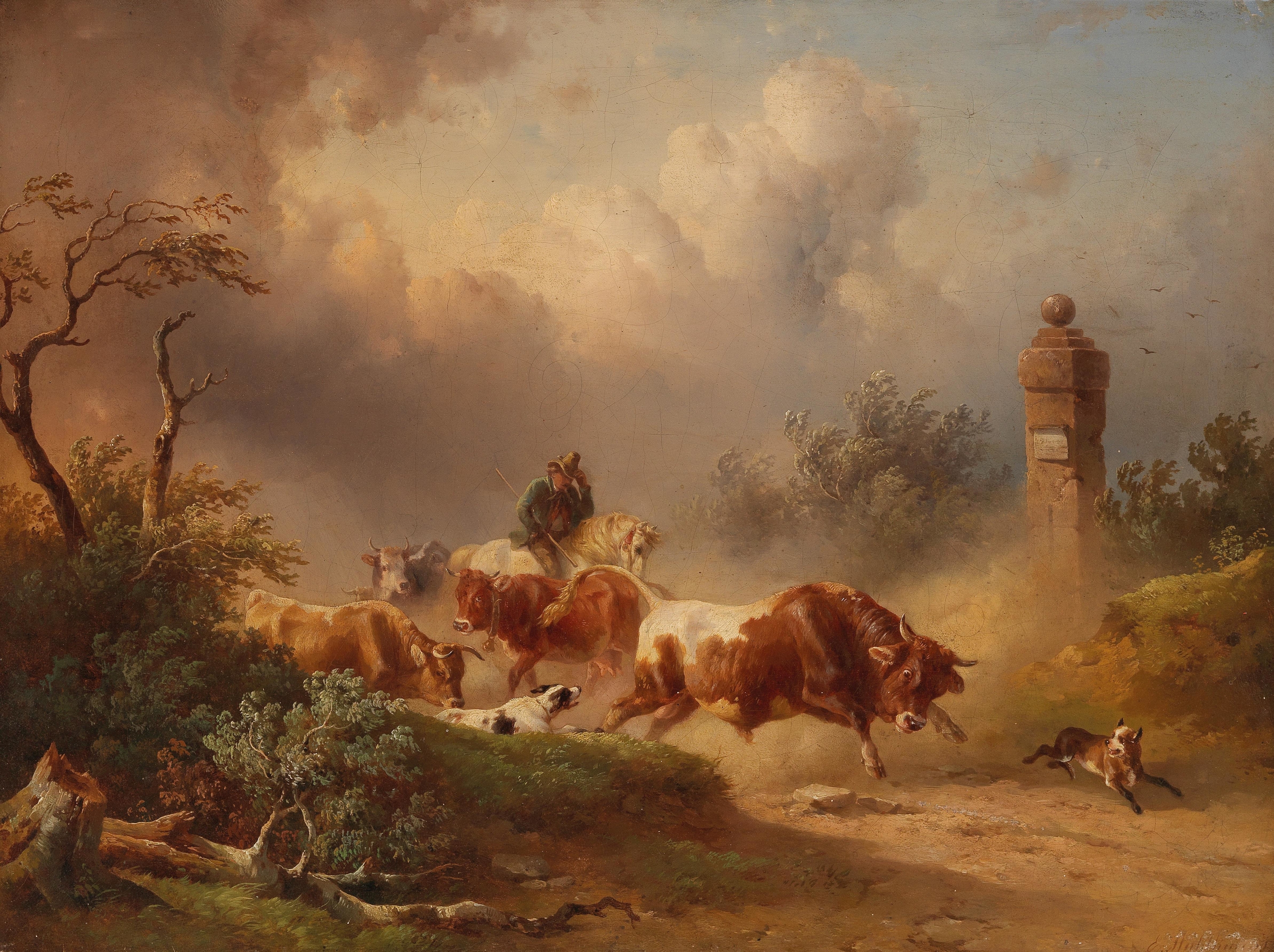 Landscape depicting a solitary figure on a path under ominous clouds, oil painting by Edmund Mahlknecht