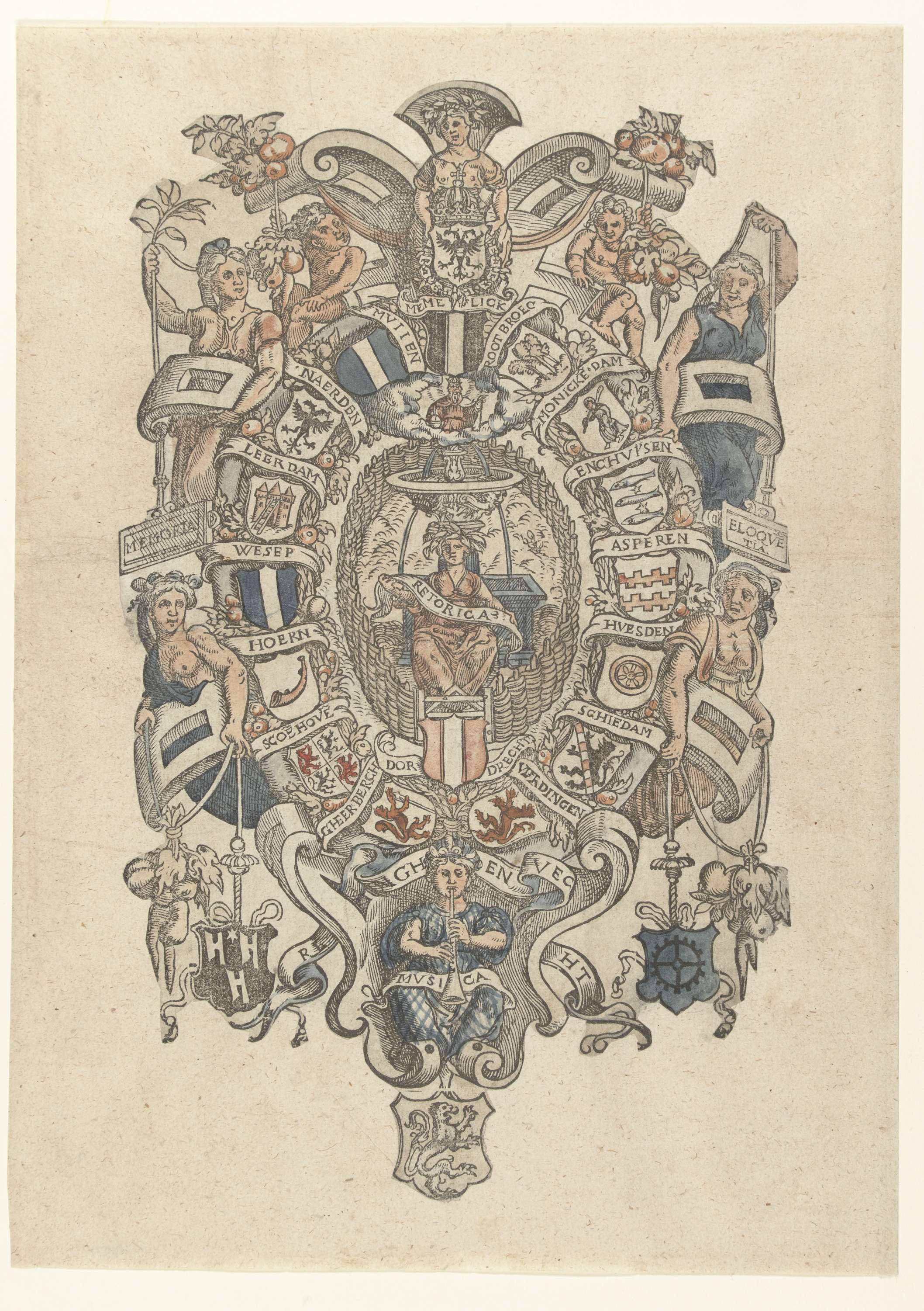 Ontwerp voor het blazoen voor de Dordtse rederijkerskamer De Fonteynisten, ink on paper, Unknown Artist