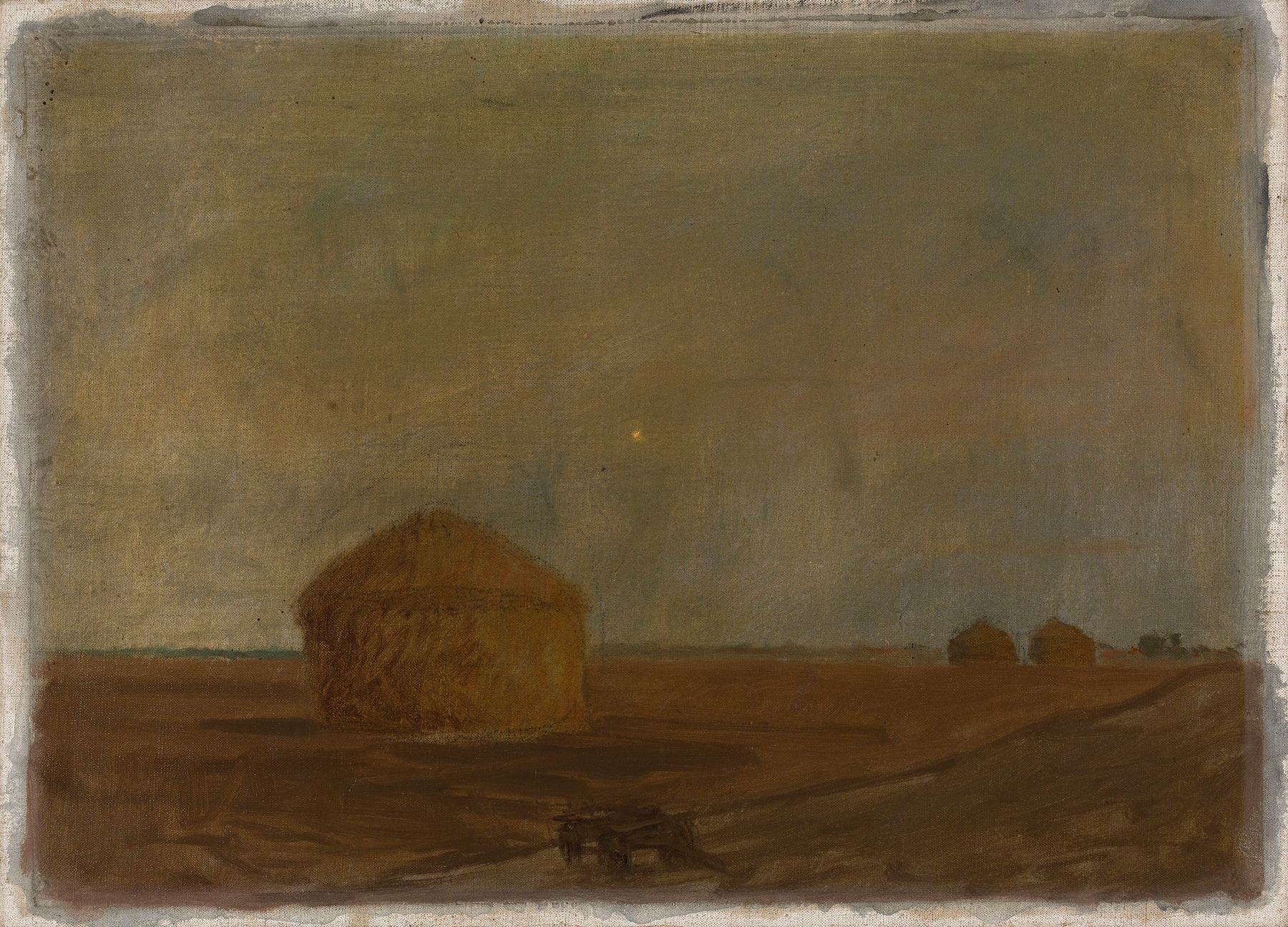 Haystacks at dusk by Leopold von Kalckreuth, oil painting depicting twilight landscape.