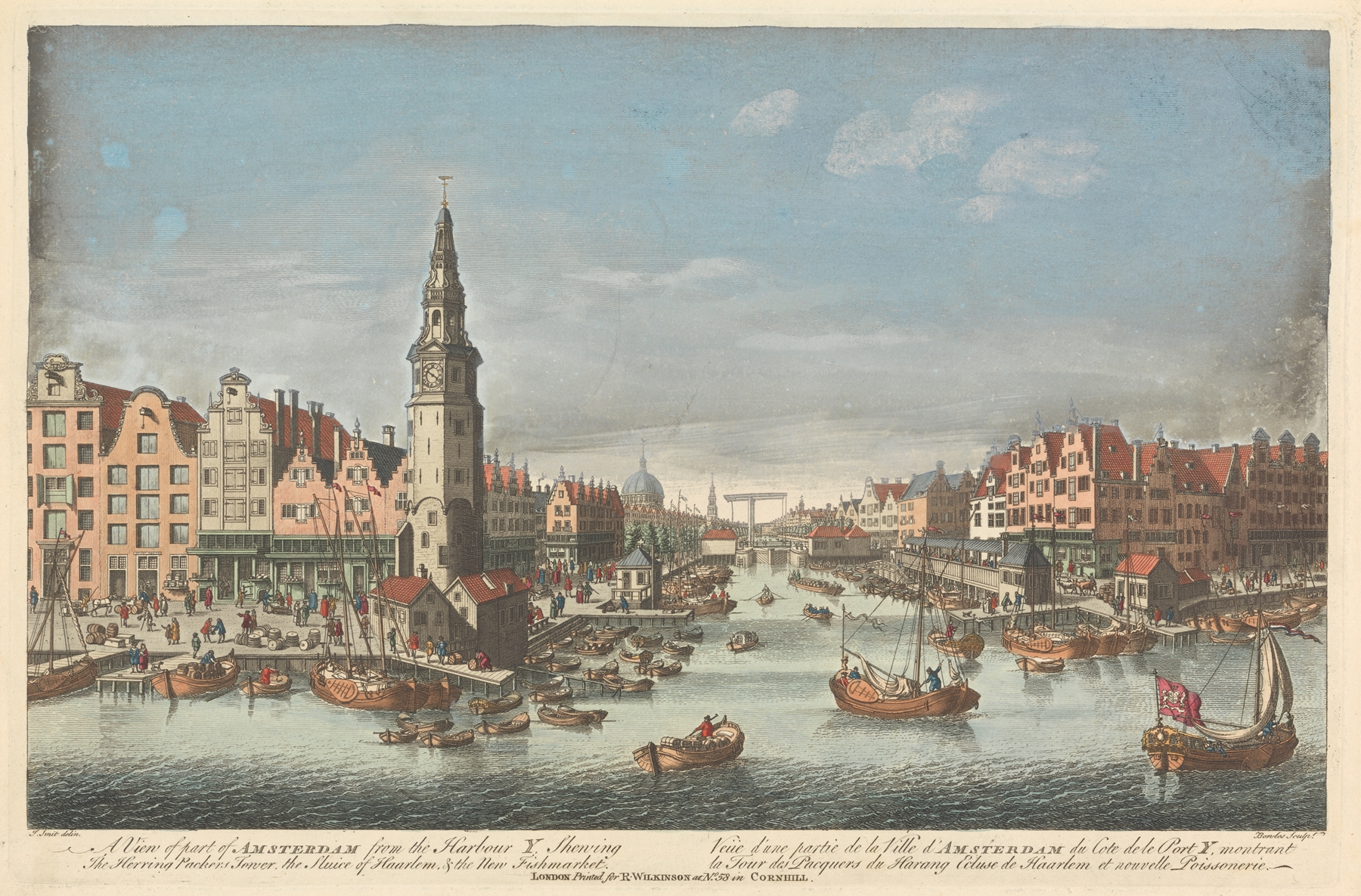 Engraving by Thomas Bowles III depicting Amsterdam's harbour with herring packers