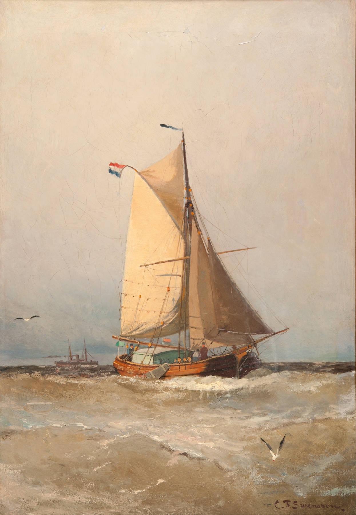 Oil on canvas by Christian Fredrik Svensson depicting a tjalk on serene waters