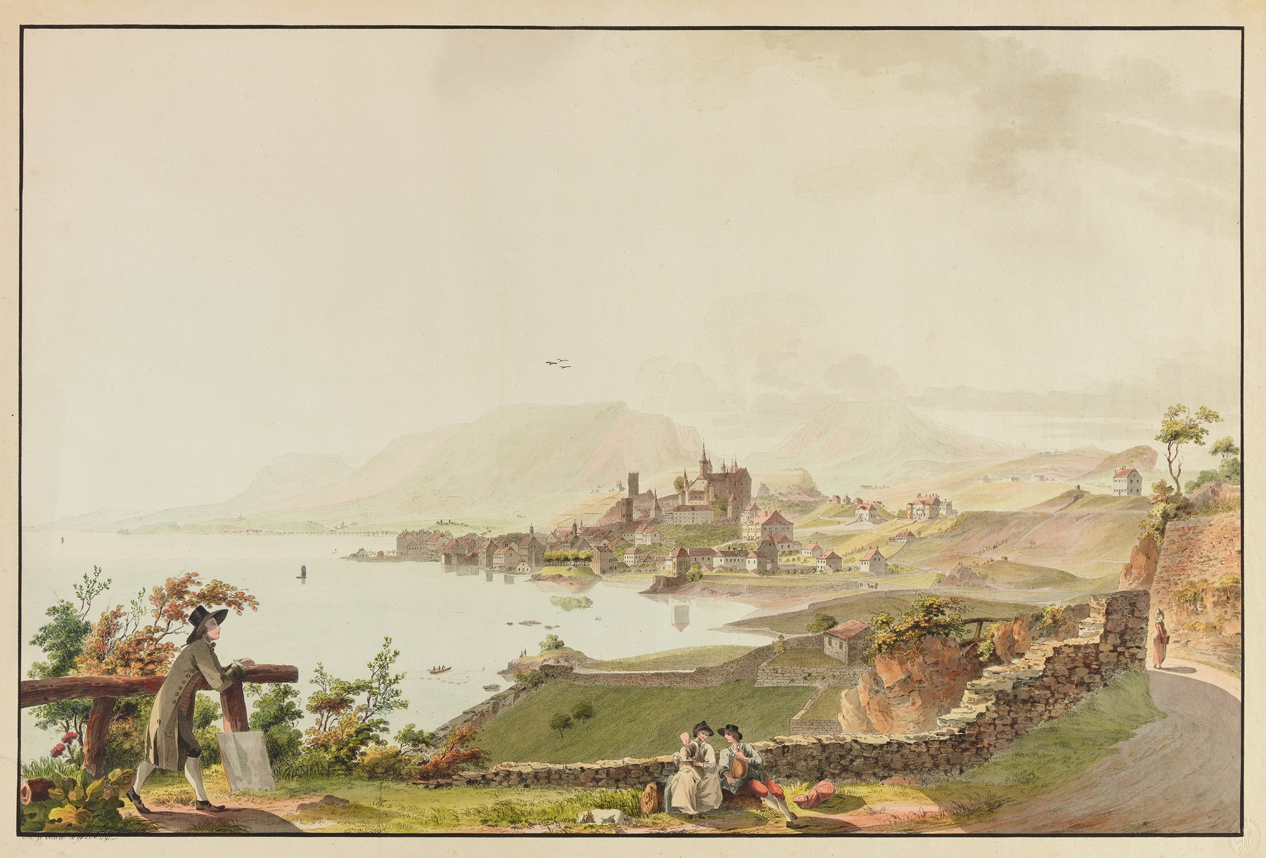 Oil painting by Caspar Leontius Wyss depicting a serene lake and horizon.
